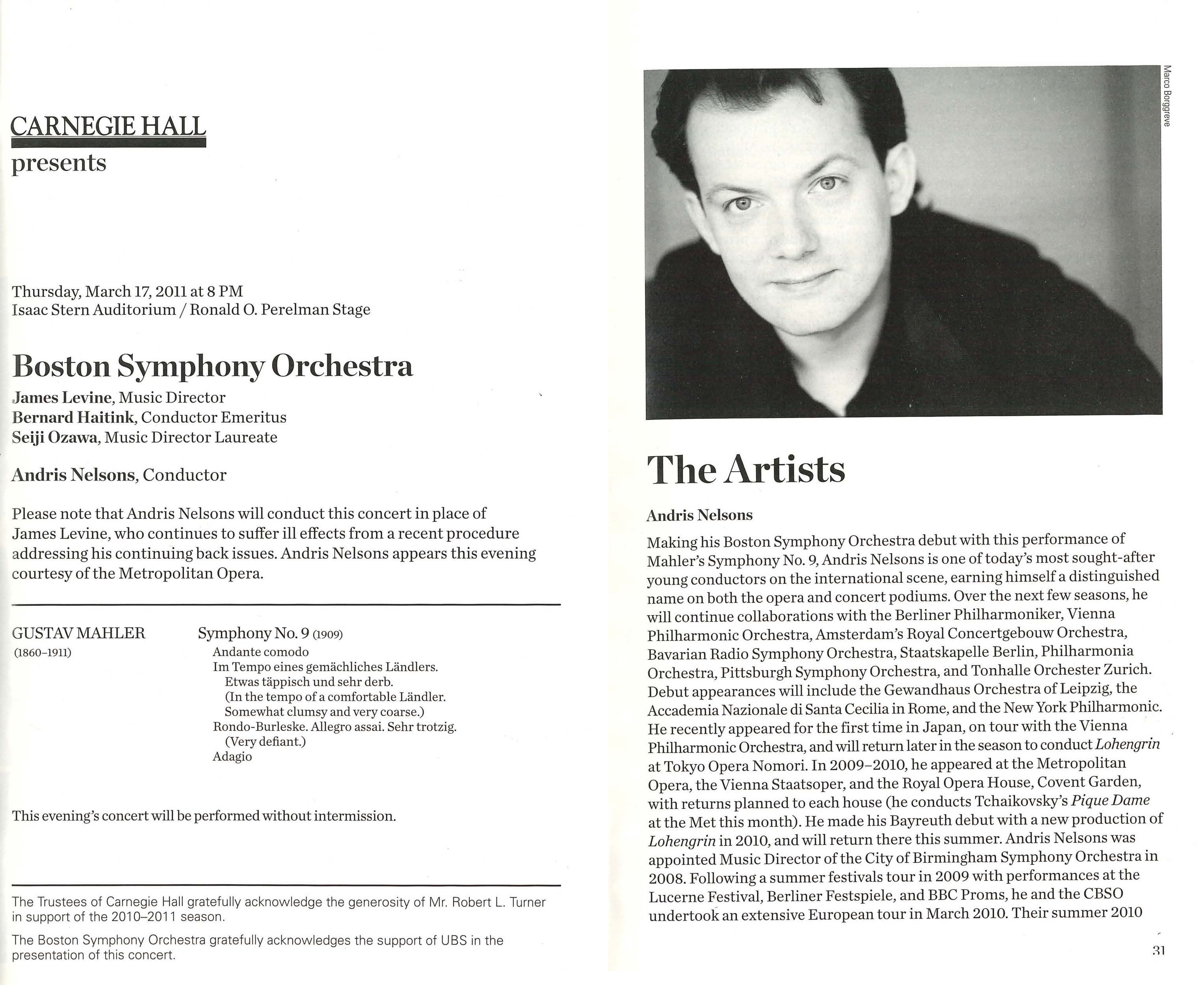 Program for March 17, 2011 concert at Carnegie Hall, with substitute guest conductor Andris Nelsons' biography