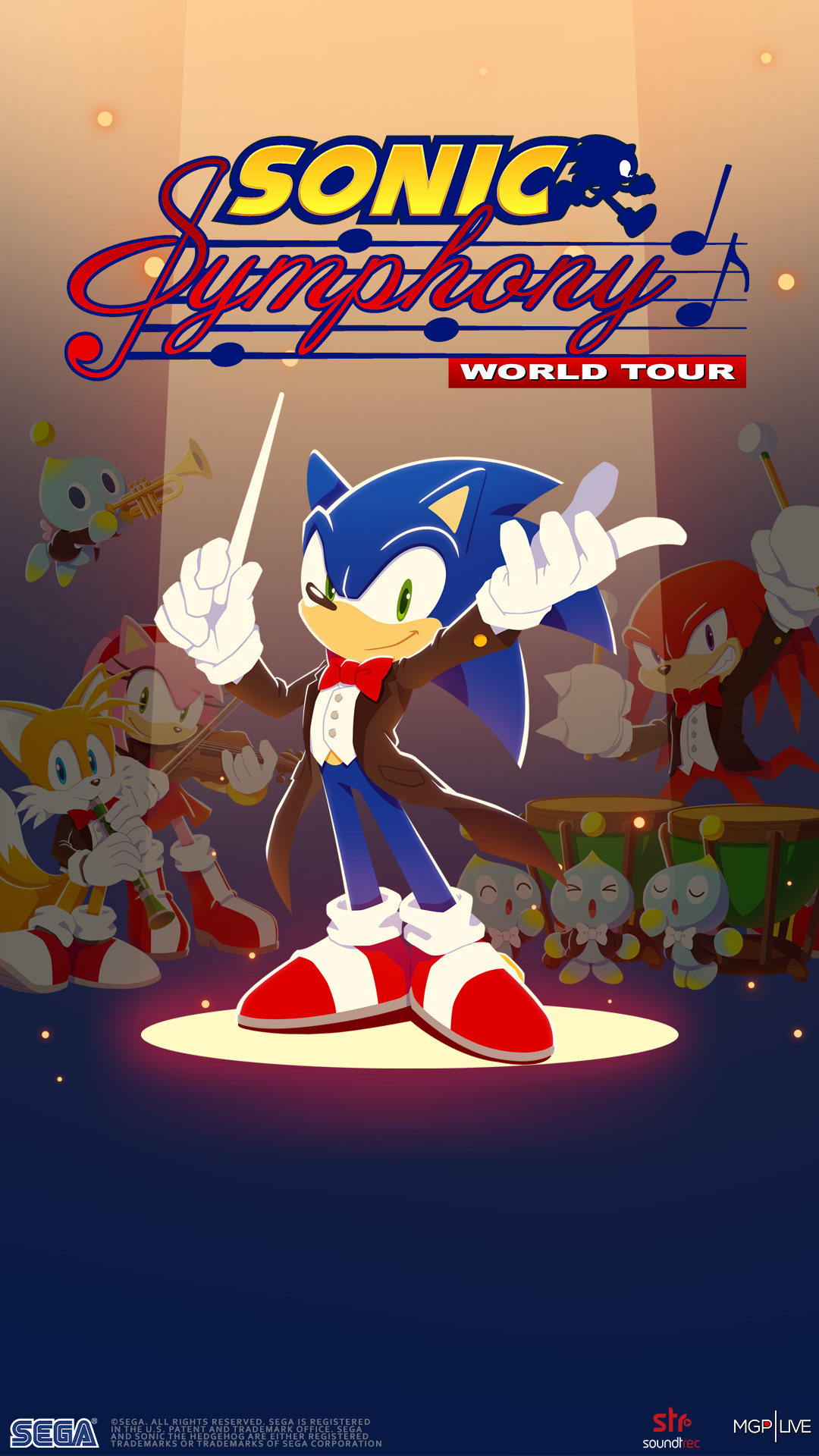 Sonic the Hedgehog holding a conductor's baton and wearing a tuxedo on stage