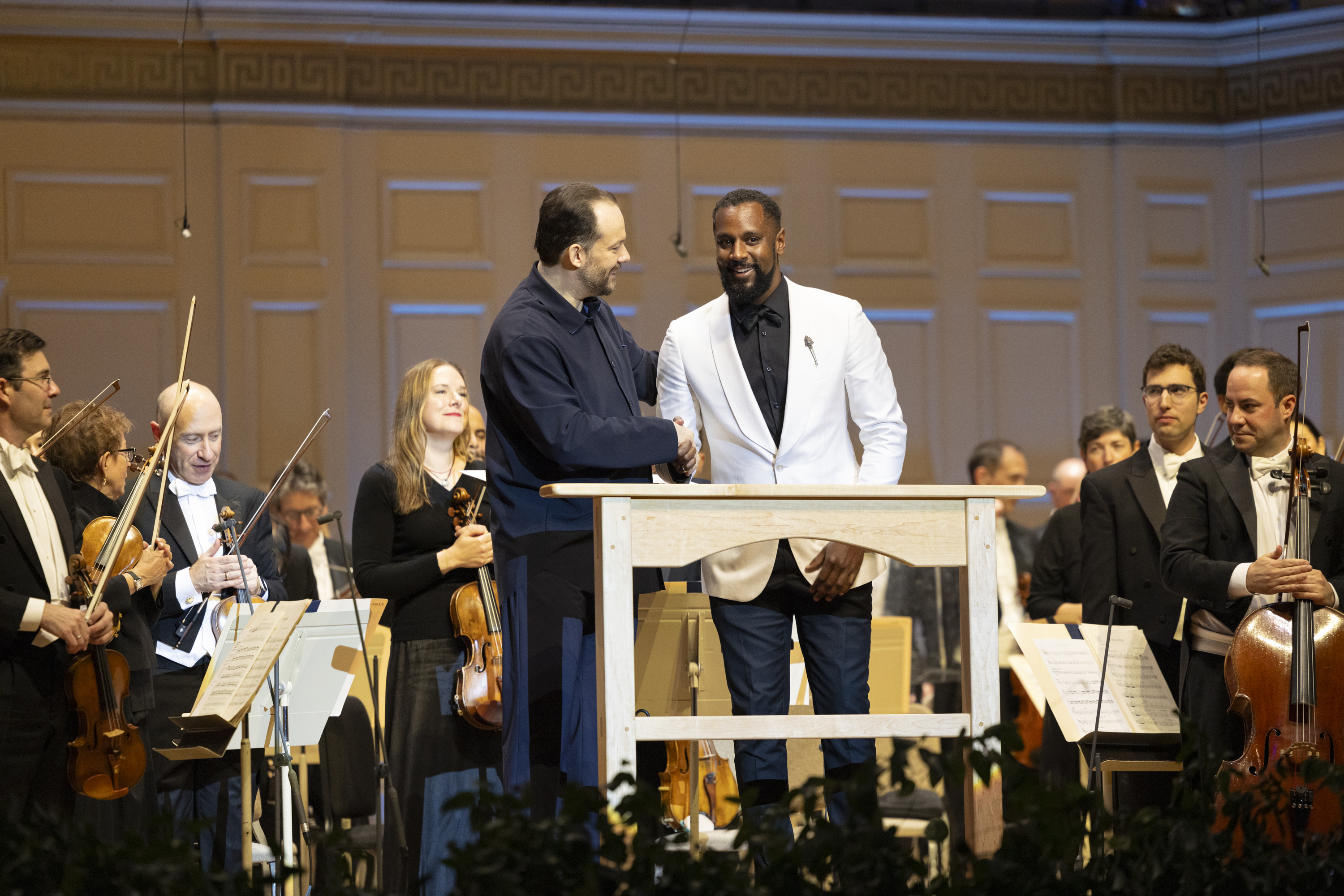 BSO Music Director Andris Nelsons with Composer Chair Carlos Simon after the premiere of Simon's Festive Overture and Fanfare, September 19, 2024