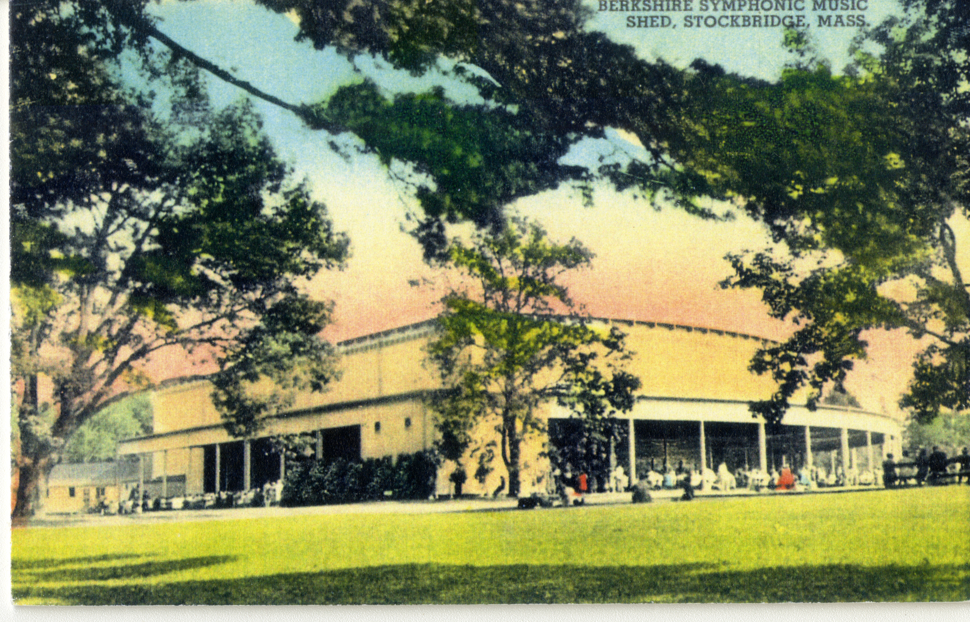 Vintage postcard of the Koussevitzky Music Shed with trees in foreground
