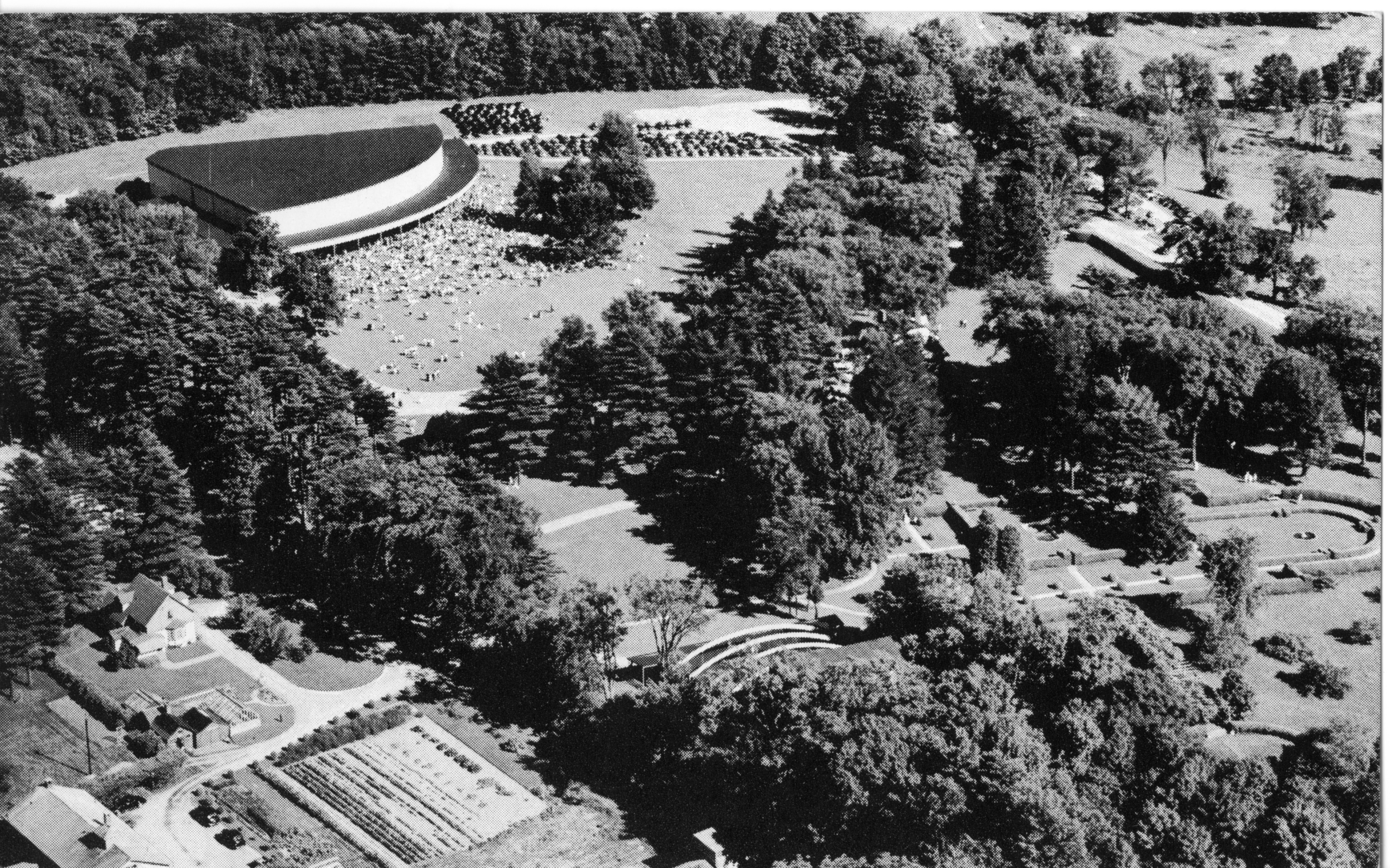 Aerial view of the Koussevitzky Music Shed surrounded by trees