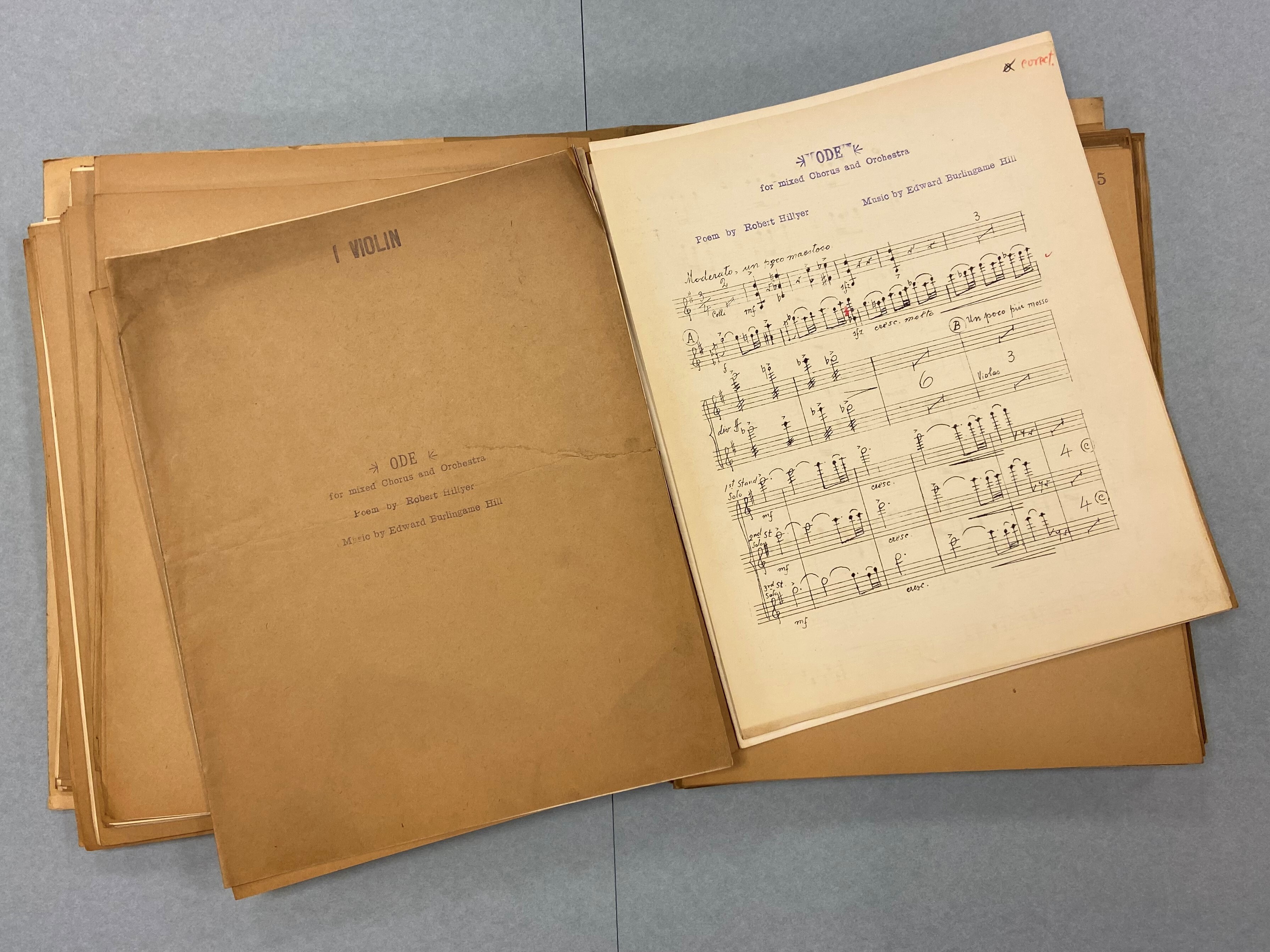 A photograph of the first violin part of Edward Burlingame Hill's Ode.