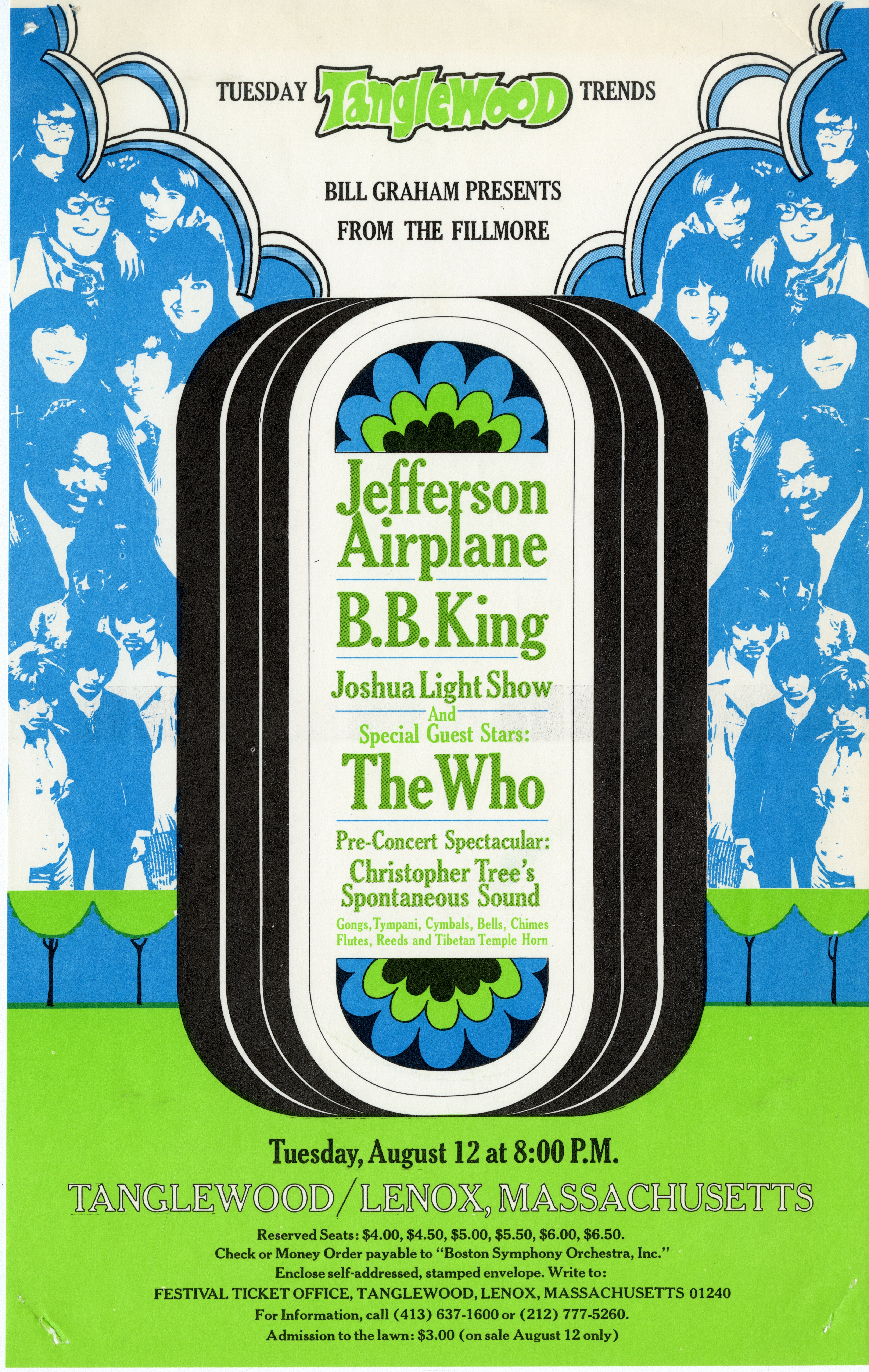 1969 color flyer advertising Jefferson Airplane, BB King and The Who at Tanglewood