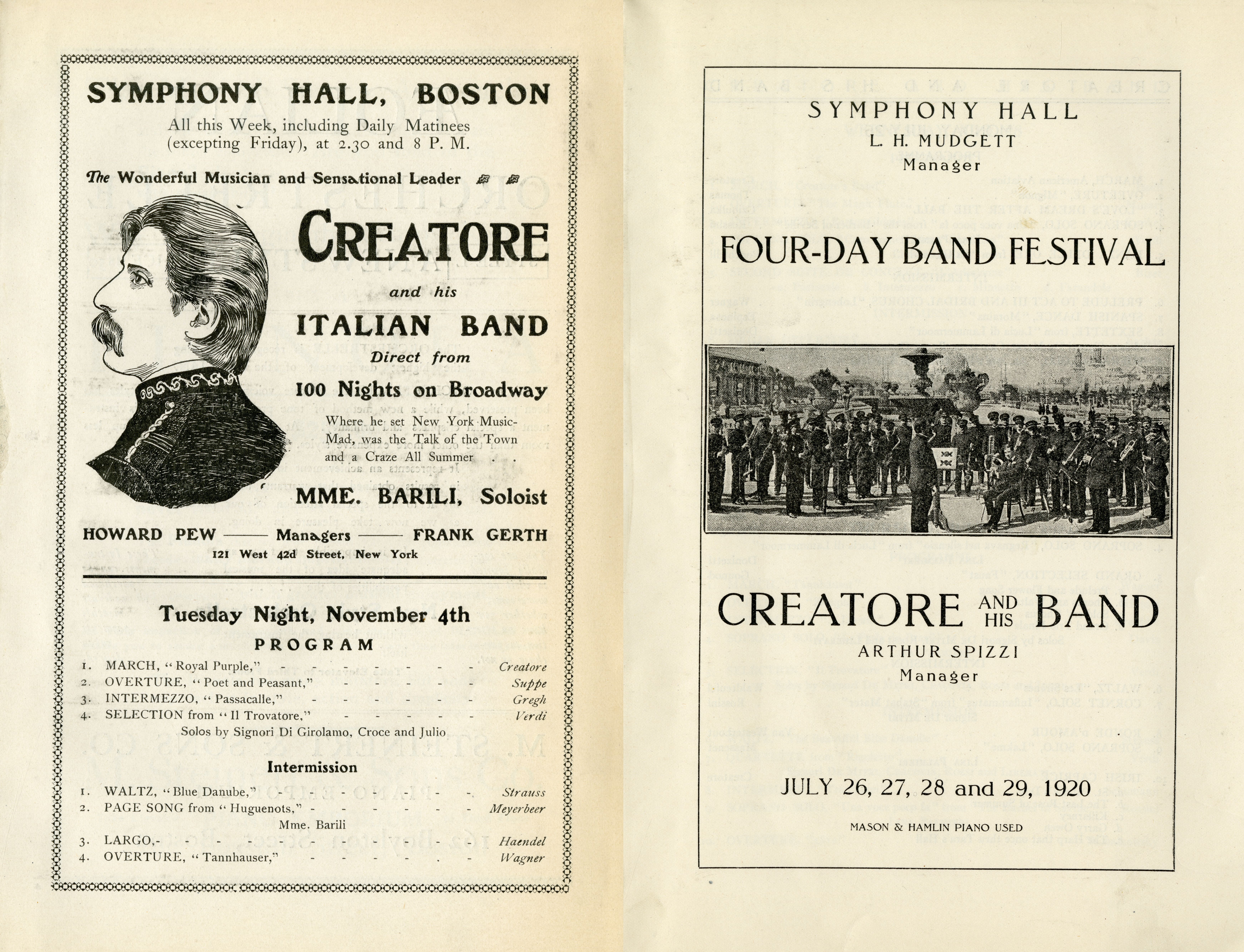 Two program pages for Creatore's band performances in Symphony Hall; the left page features a drawing of a mustached man in profile and the right page features a gathering of musicians standing outside by an ornate fountain