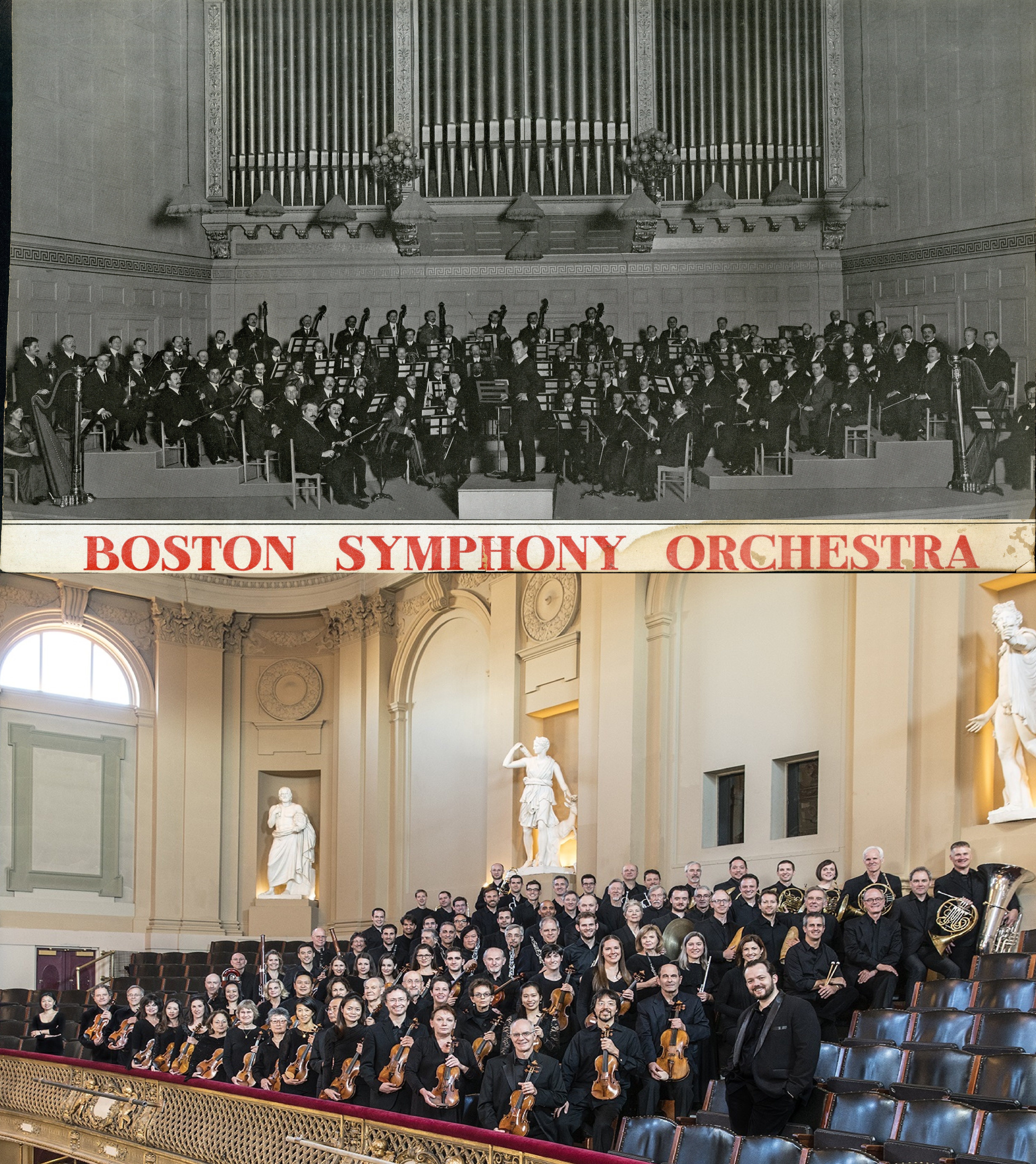 A collage of two orchestra portraits: on top is a black and white print of the orchestra in 1914 and below is a color image of the orchestra in 2019