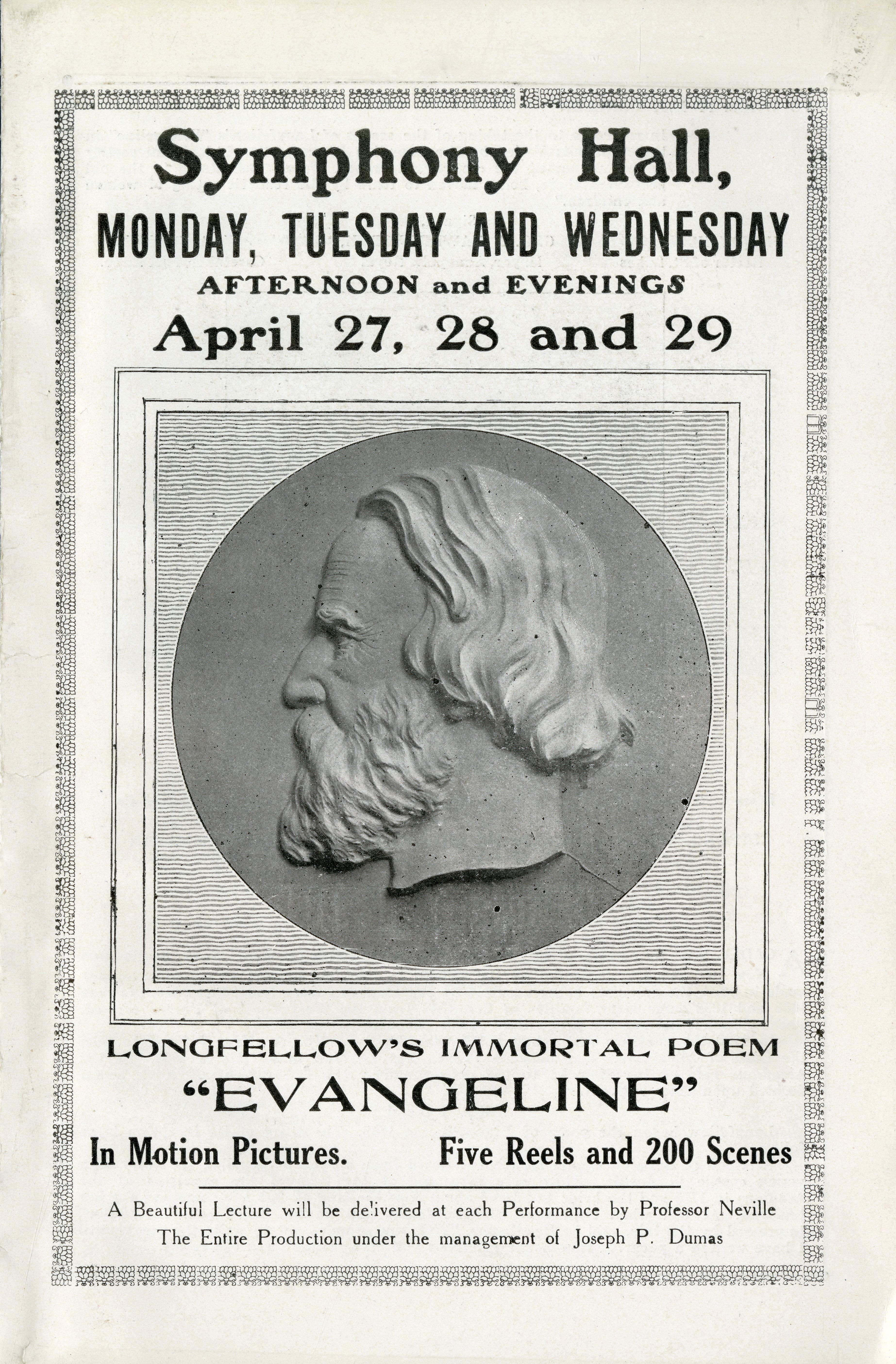 A program featuring the bust of a bearded man in profile for the screening of Evangeline in Symphony Hall