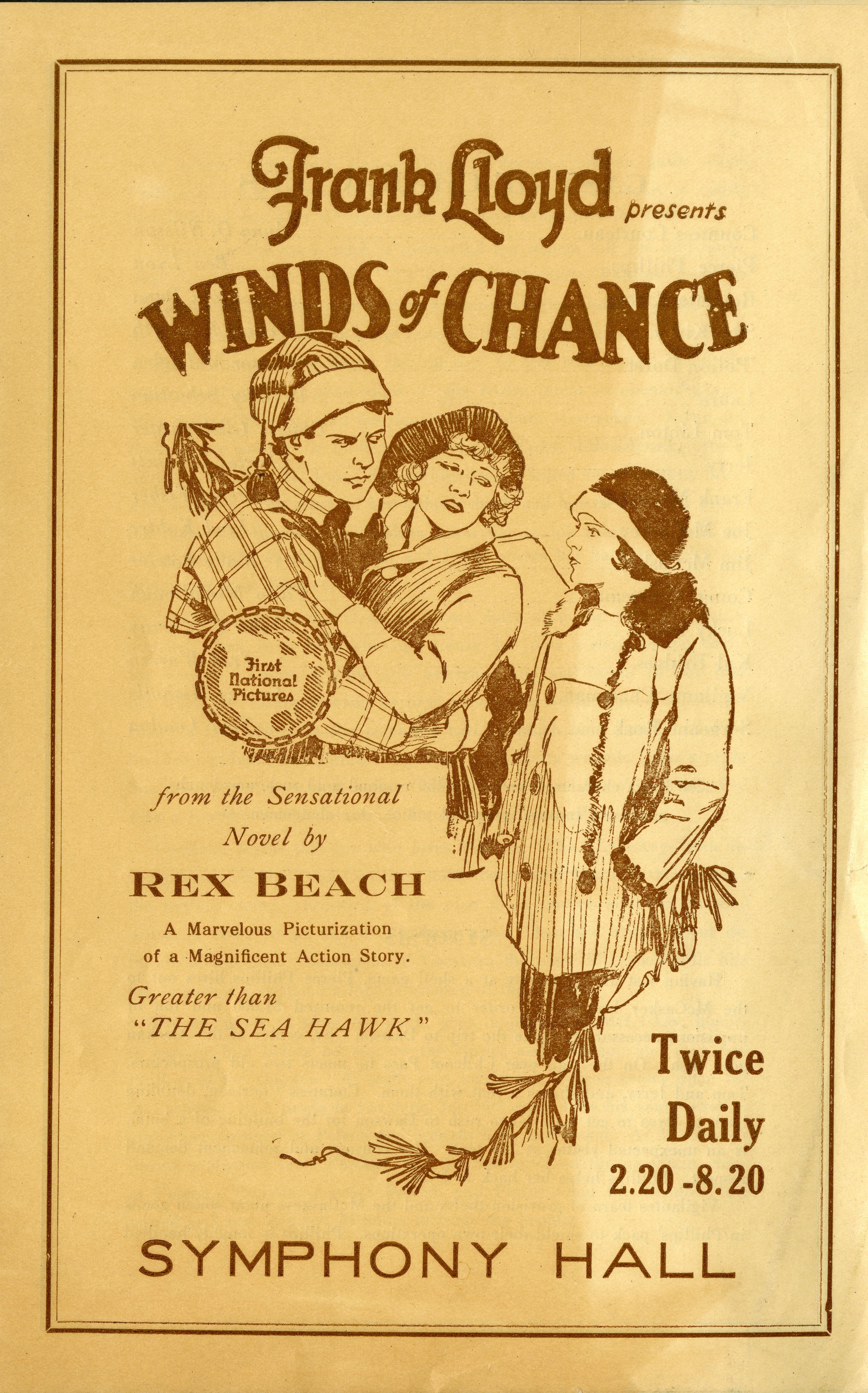 Program page for the 1925 film Winds of Chance, depicting a woman and man embracing while another woman stands to the side