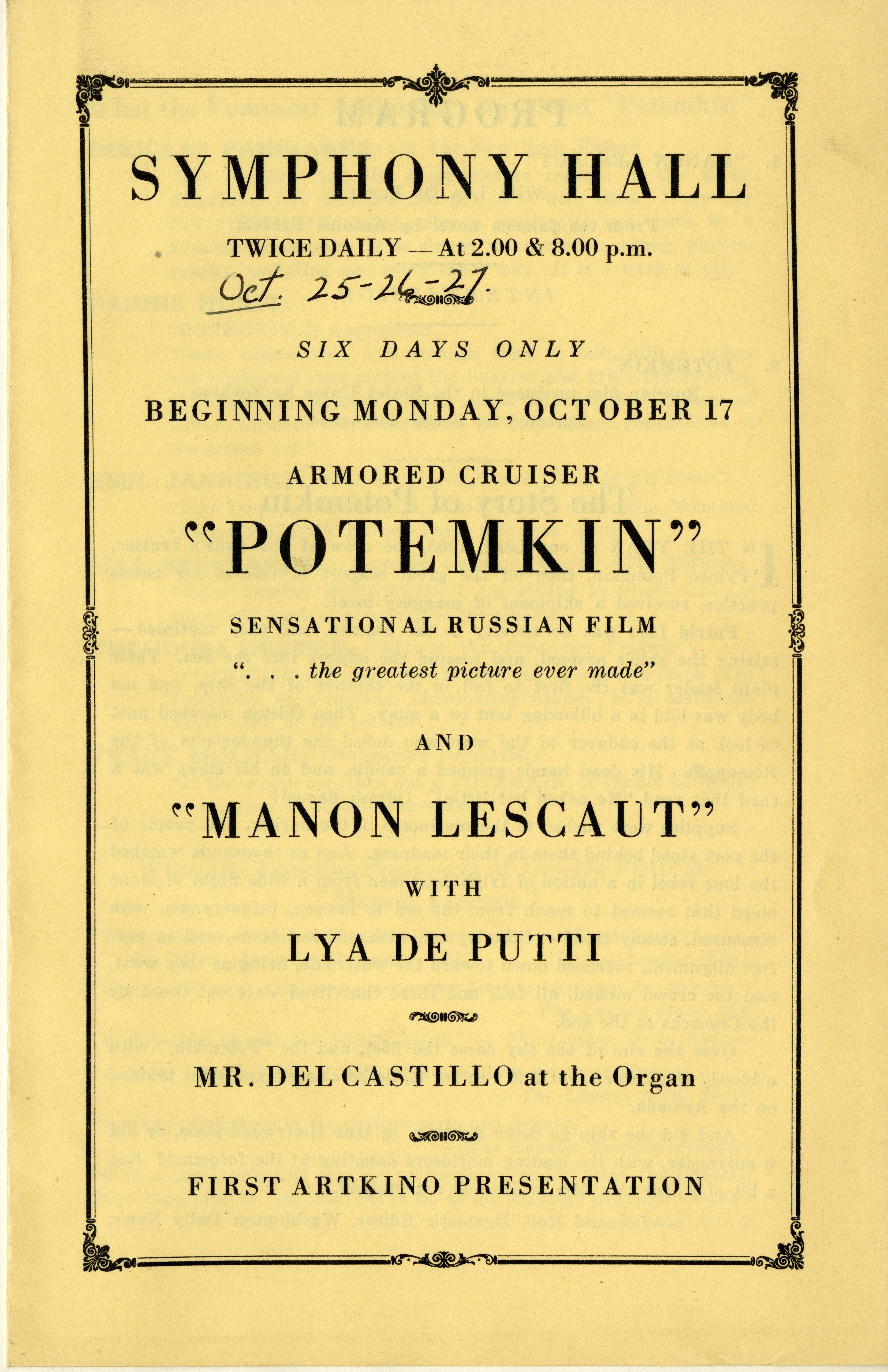 Program page for a double feature film screening at Symphony Hall, featuring the Soviet film Potemkin and the German film Manon Lescaut