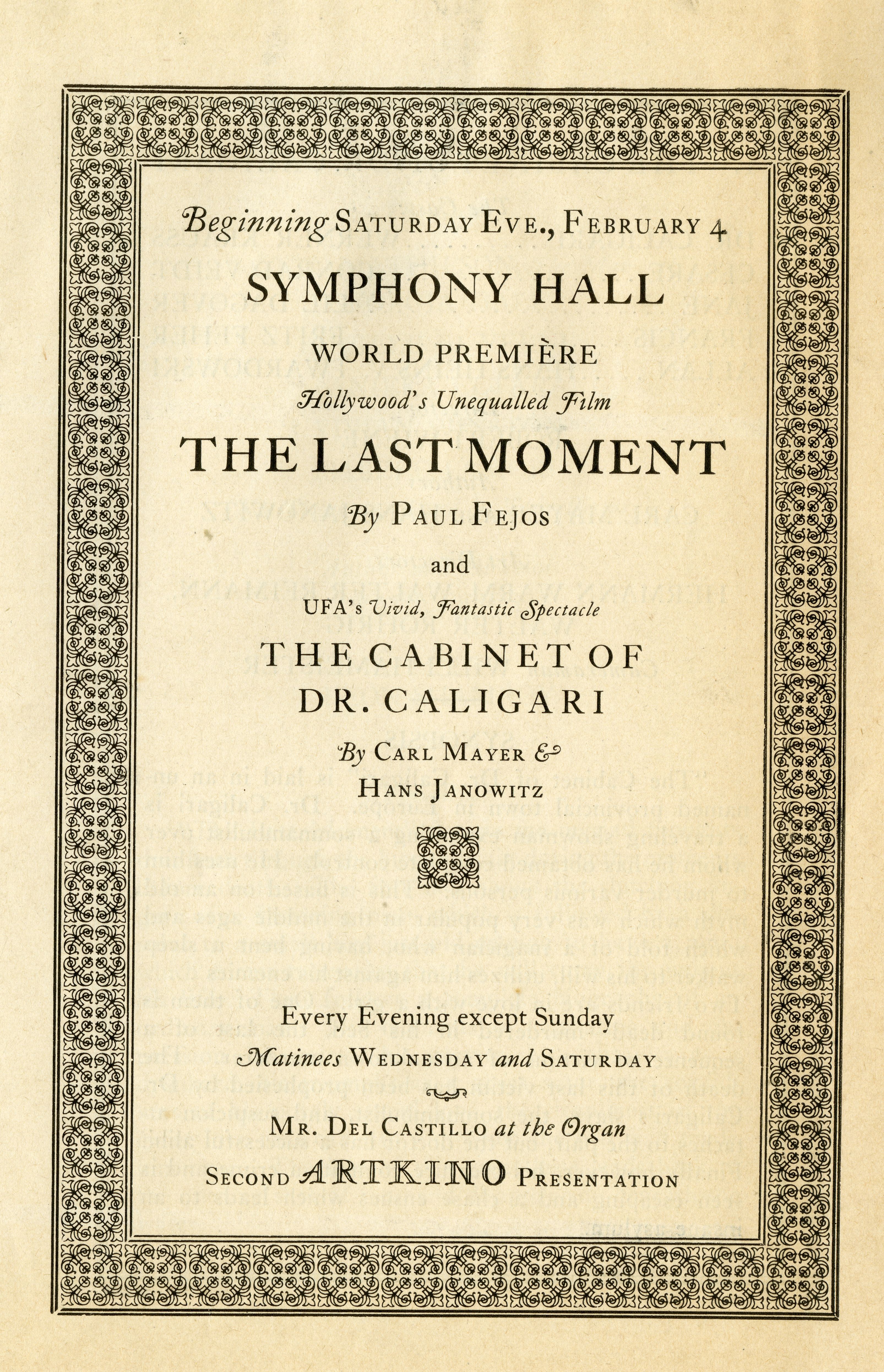 Program page for film screenings of The Cabinet of Dr. Caligari and The Last Moment, two silent films show in Symphony Hall in February, 1928