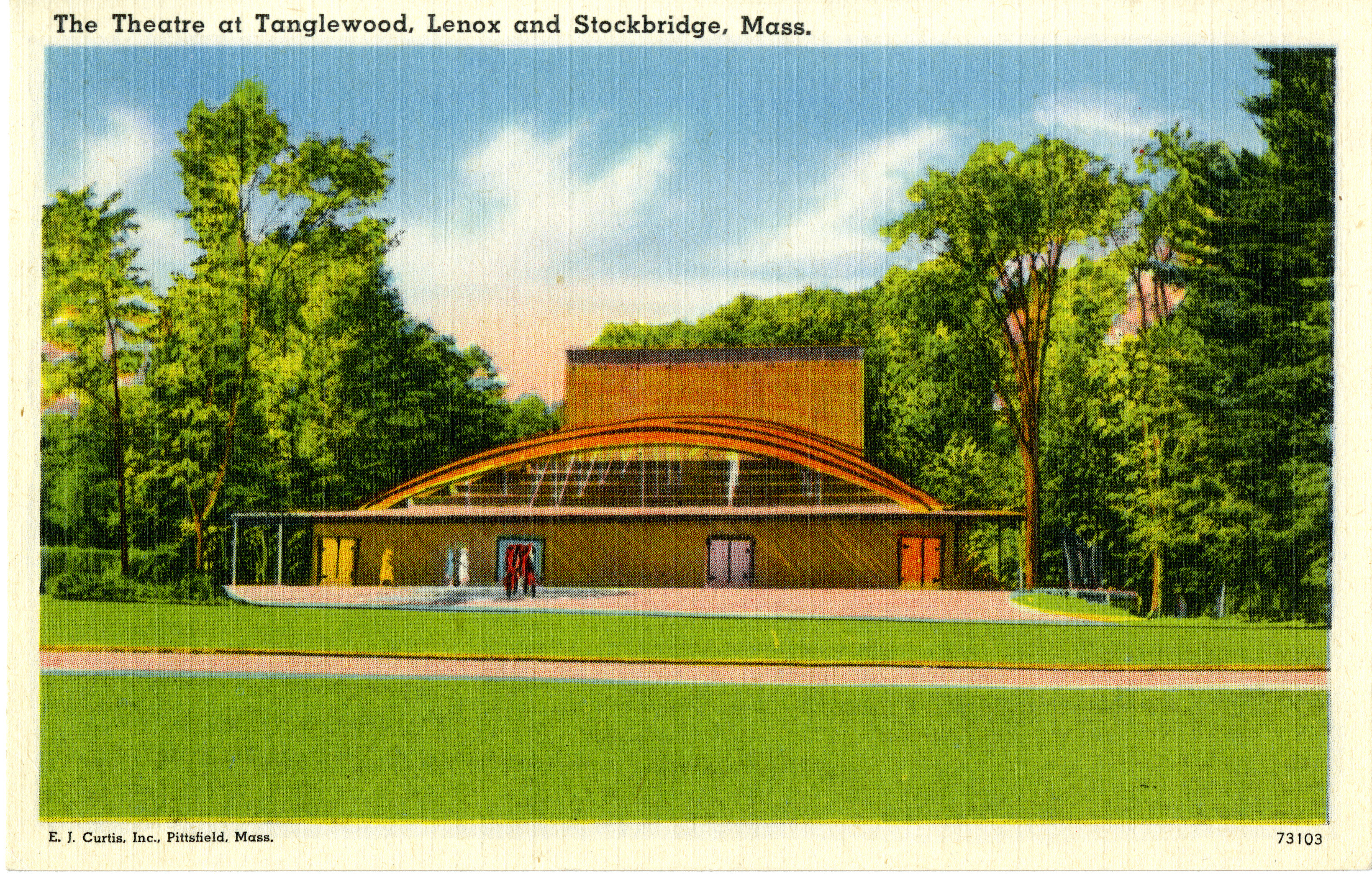 Color postcard depicting the original design of the Theatre-Concert Hall at Tanglewood