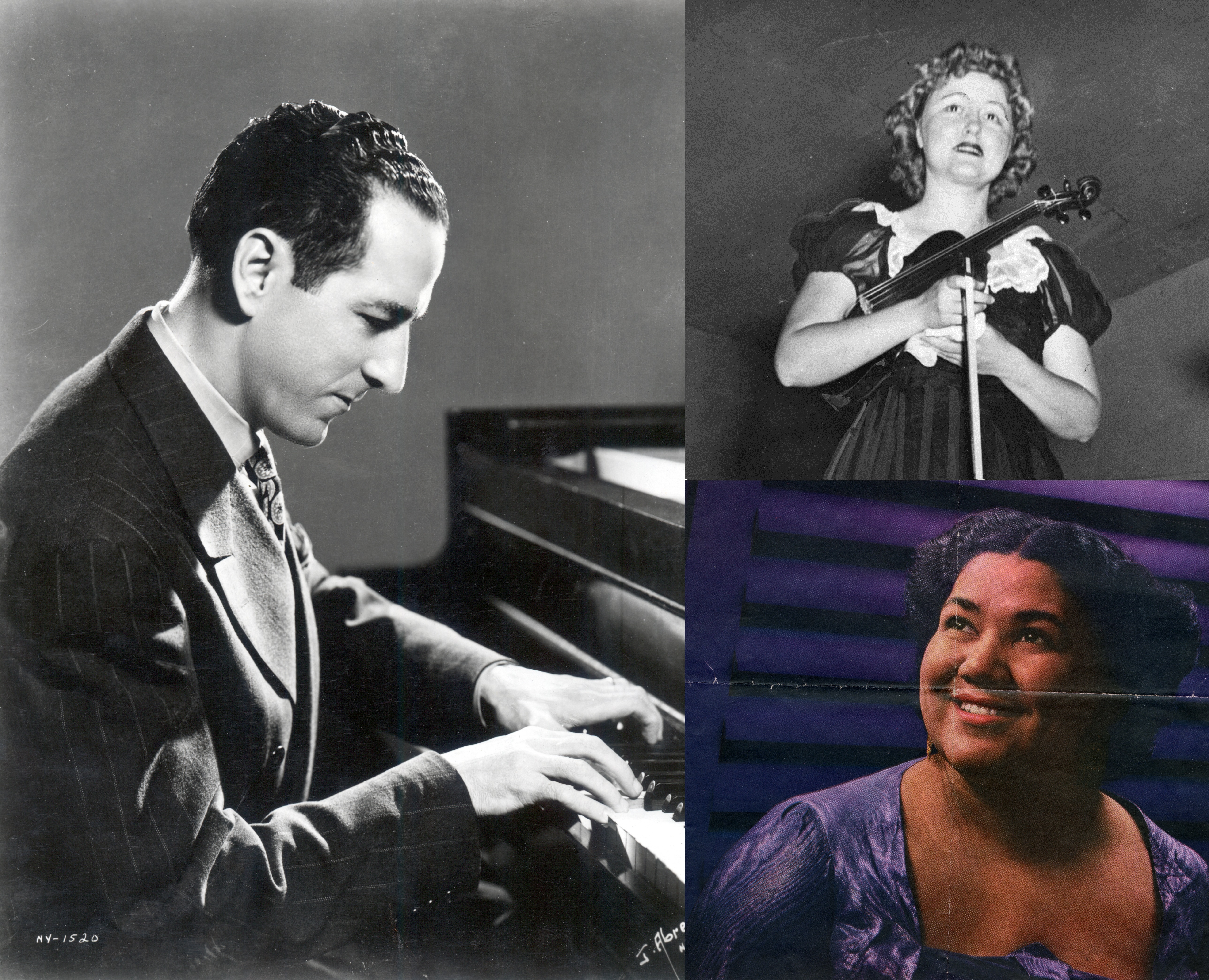 Three photos in a collage of Jesus Maria Sanroma, Ruth Posselt, and Dorothy Maynor