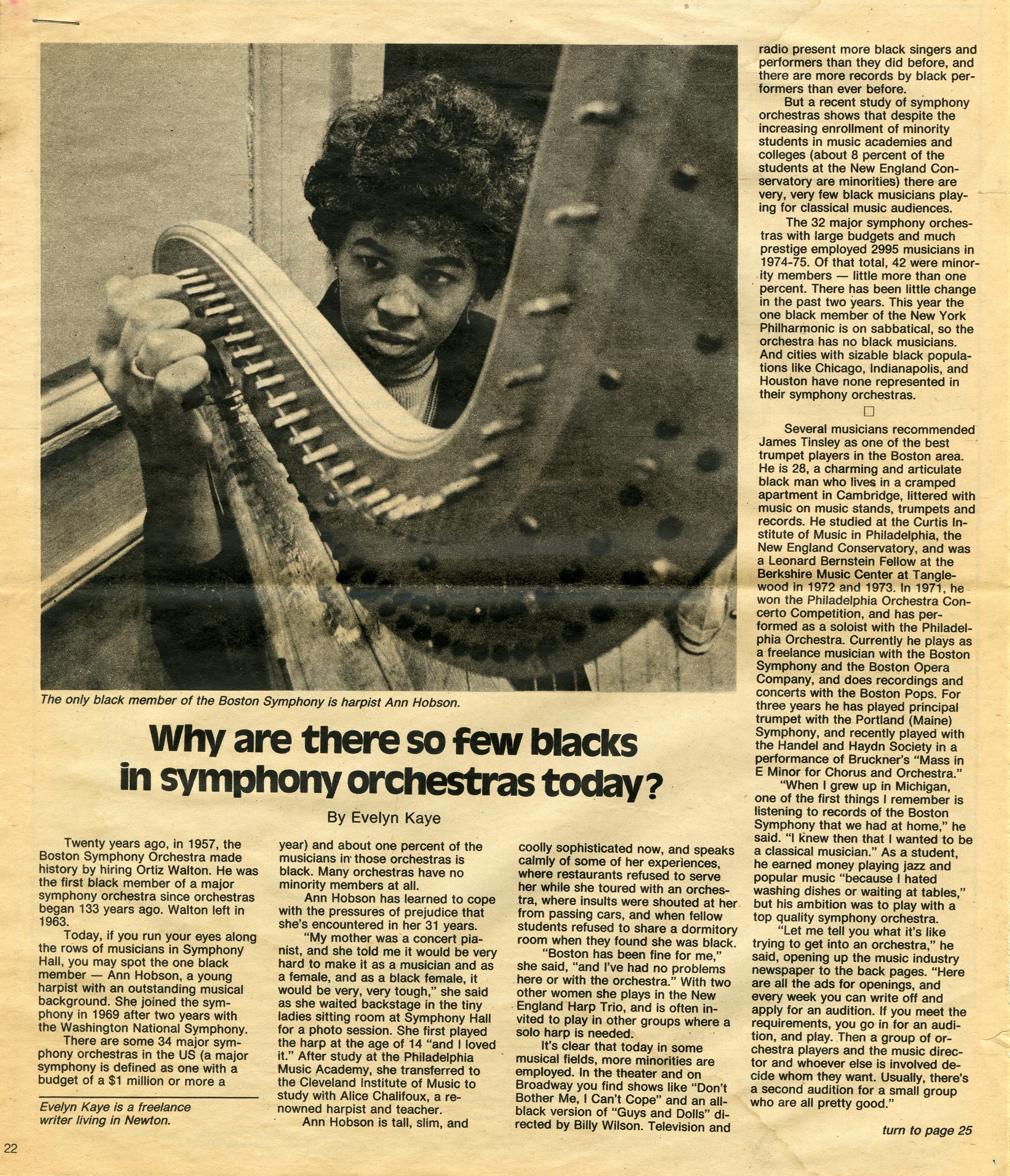 Boston Globe article with an image of Ann Hobson Pilot and her harp, with view of peg board