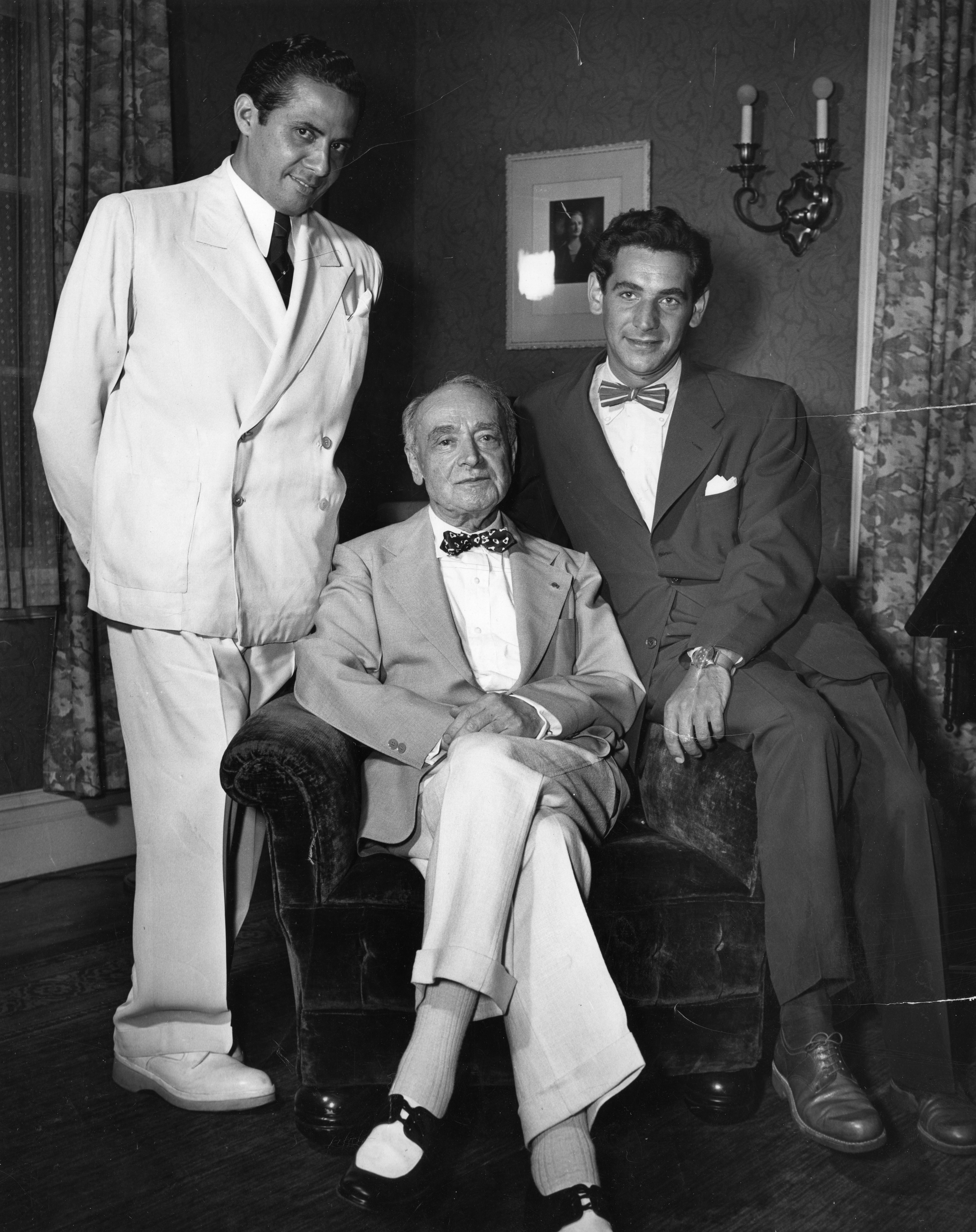 Serge Koussevitzky flanked by protégés Leonard Bernstein and Eleazar de Carvalho at Seranak (Koussevitzky’s summer home), ca. 1948