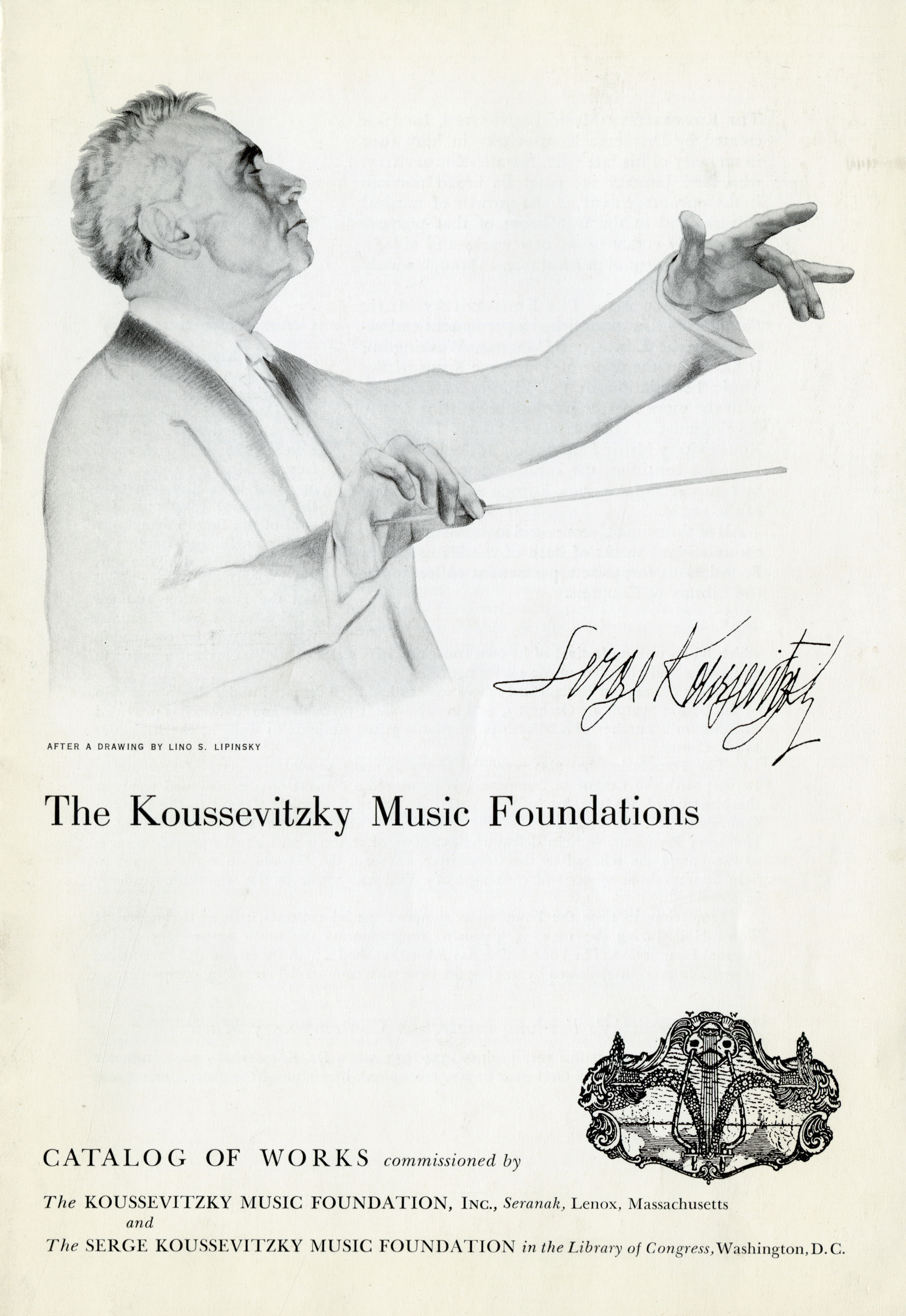 Catalog cover for the Koussevitzky Music Foundation with a profile view of Koussevitzky conducting and an elaborately designed medallion