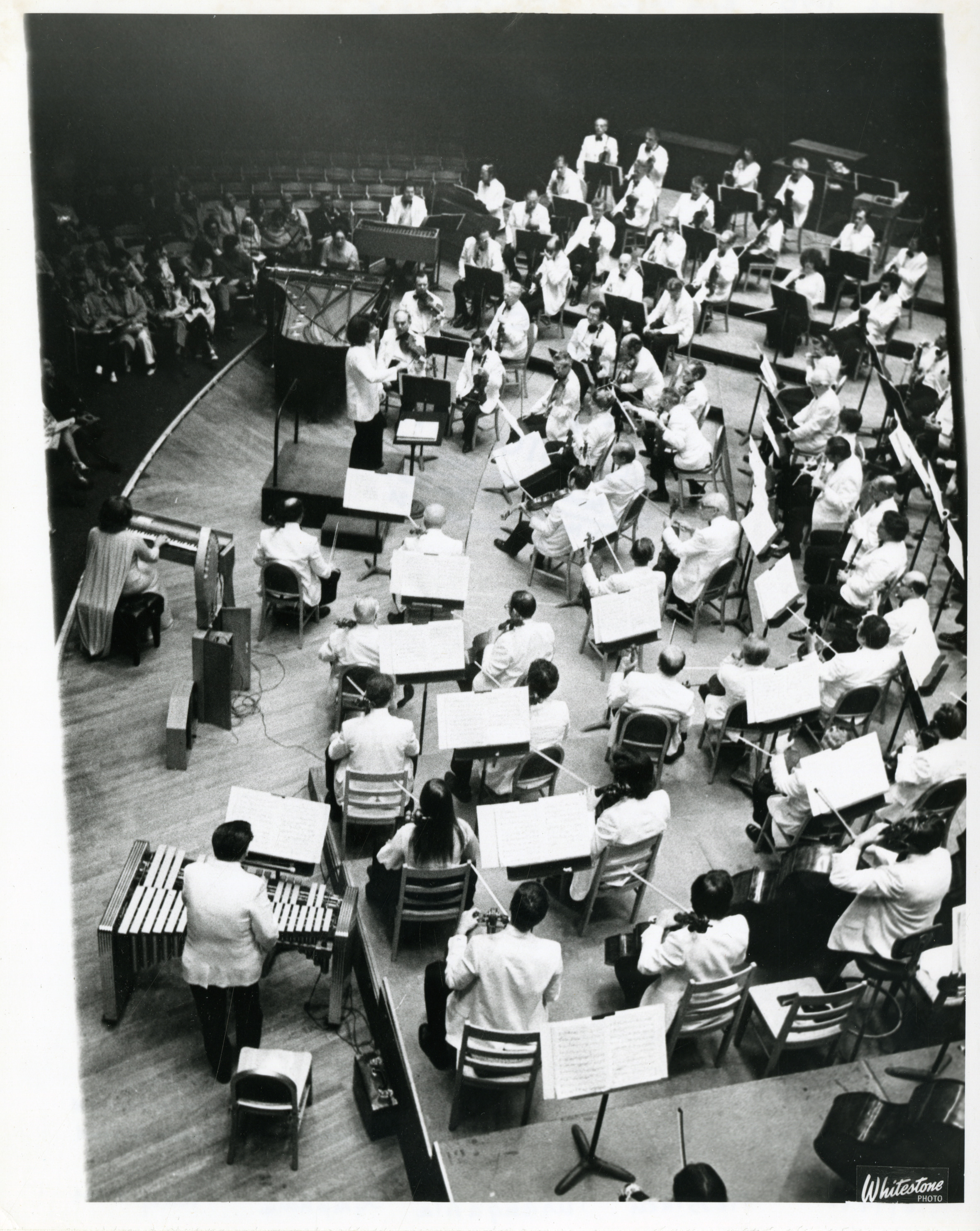 Birdseye view of Tanglewood Shed stage with ondes martenot and piano near front of stage