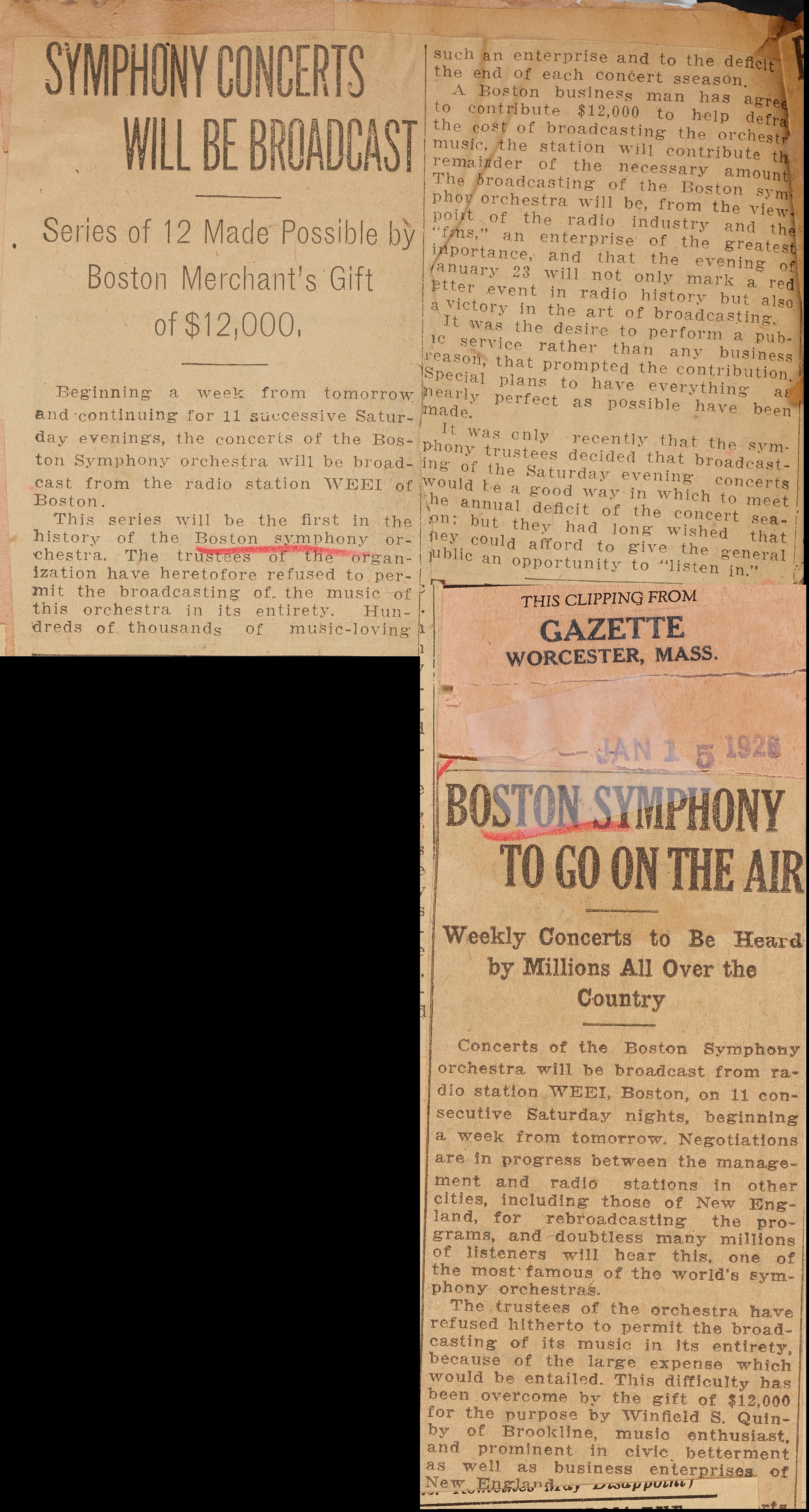 Newspaper article covering the first broadcast of the BSO in January 1926