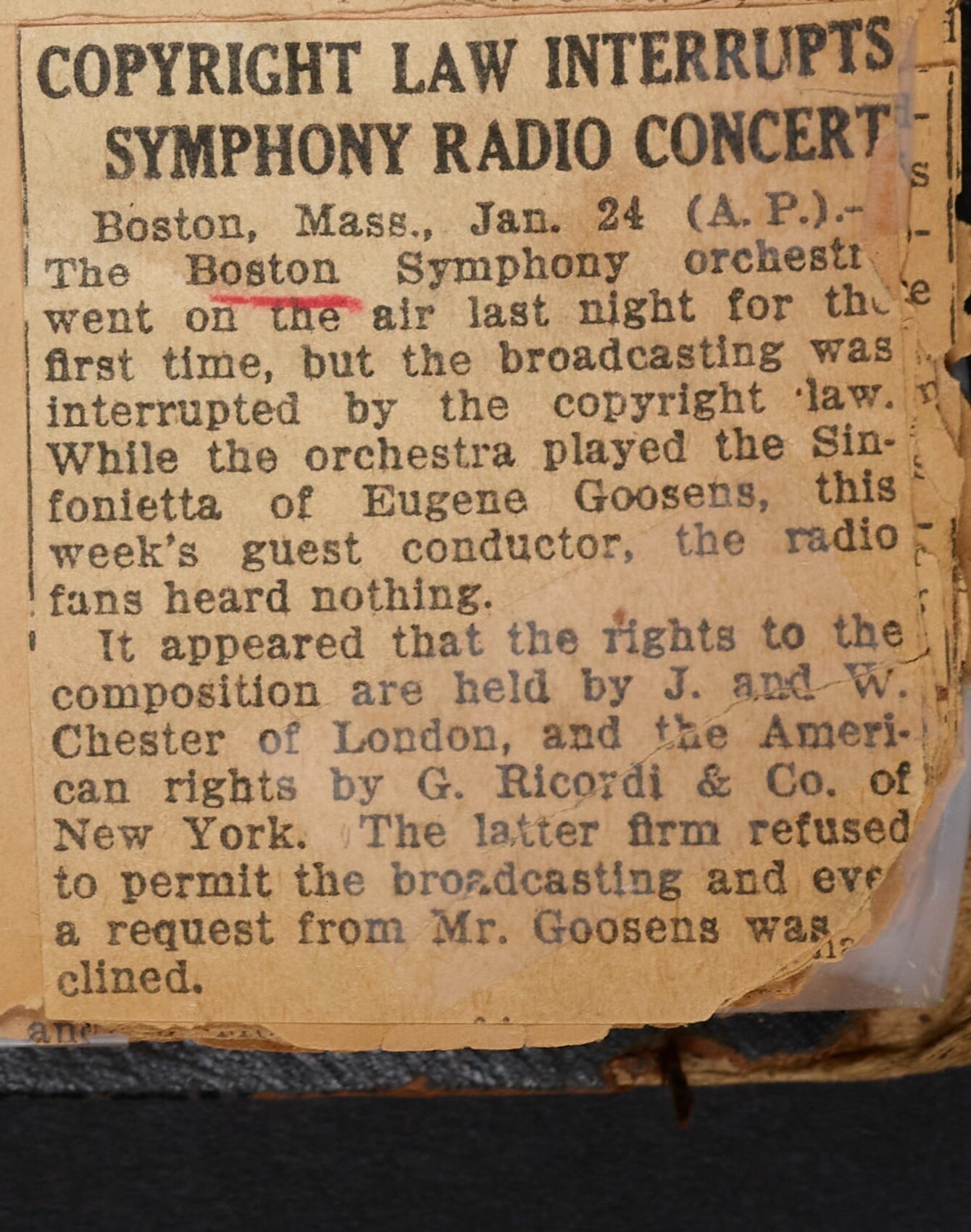 Newspaper article covering BSO’s first radio broadcasts from Symphony Hall in 1926 in regards to copyright