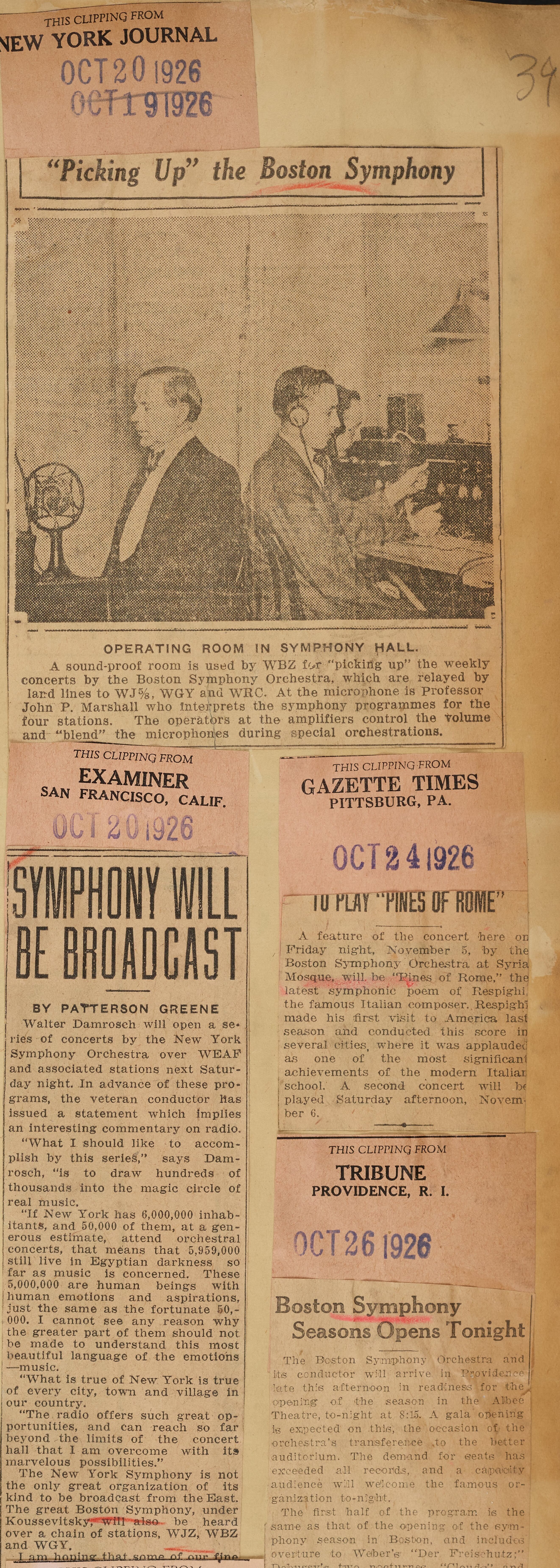 Newspaper article covering the BSO broadcasts in the fall of 1926 including a photo of two men in a radio booth