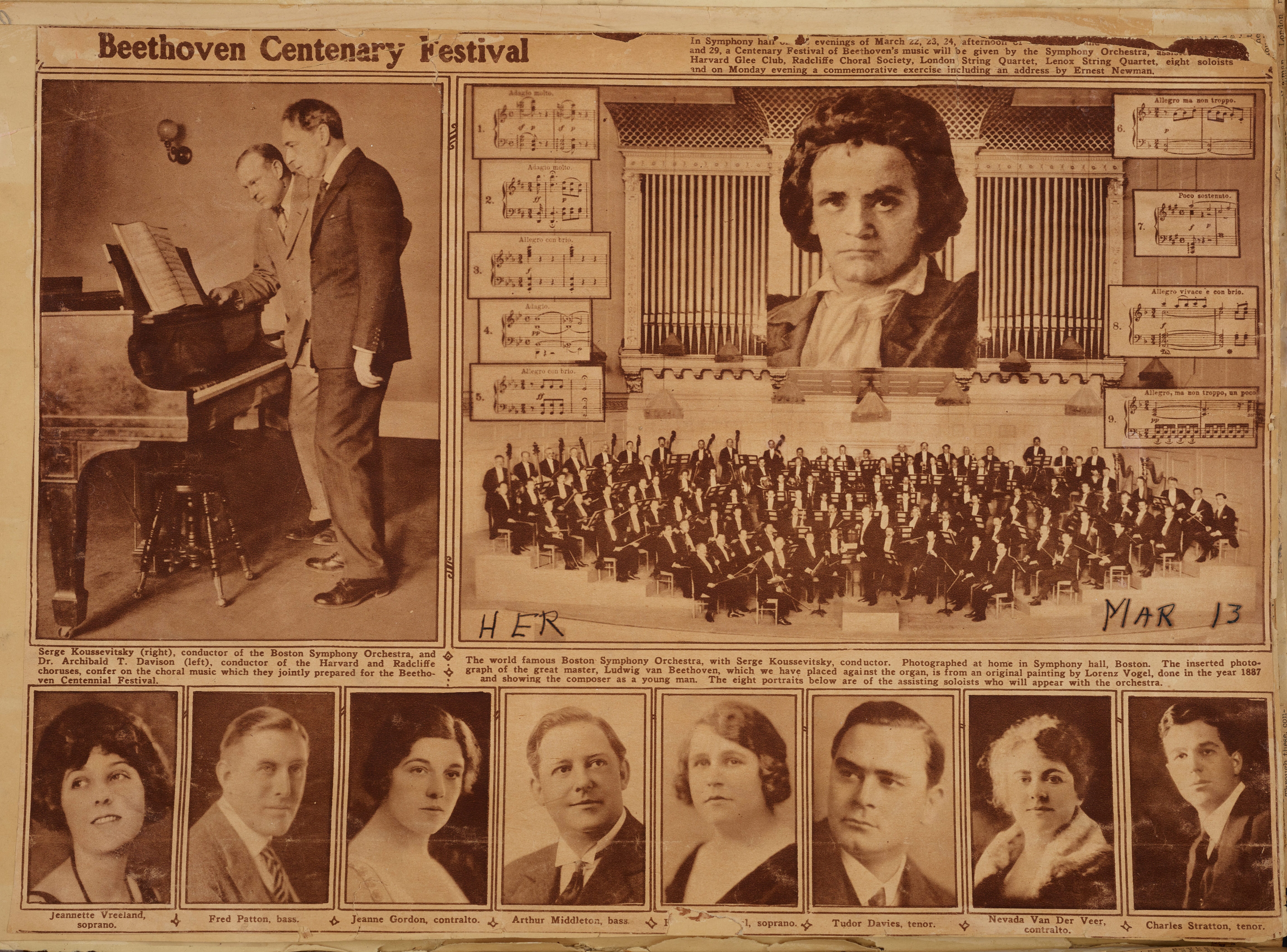 Scrapbook page with newspaper clipping with several photos and artistic renderings depicting Koussevitzky, the orchestra in Symphony Hall, Beethoven, and soloist headshots
