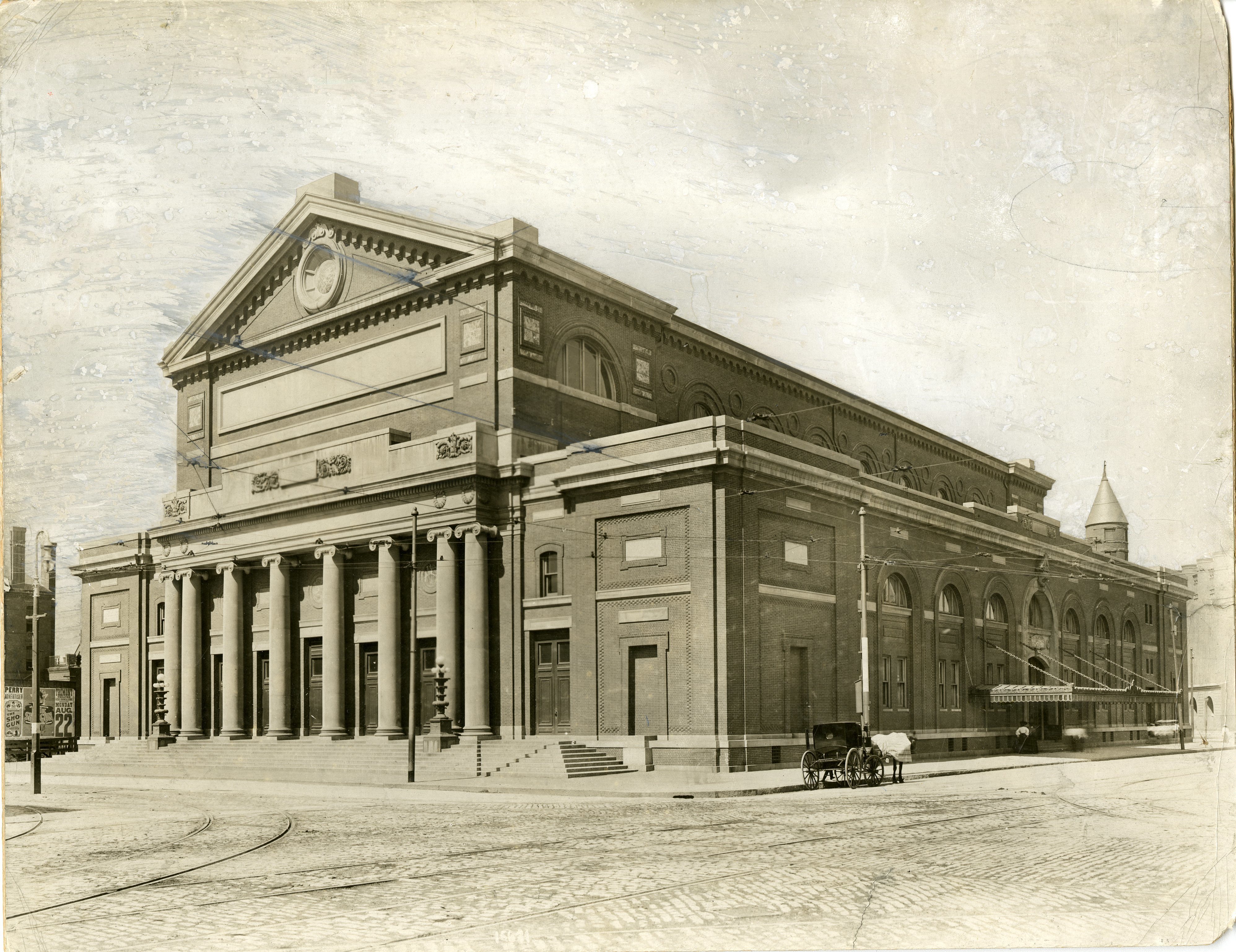 Symphony Hall exterior showing the corner of Massachusetts Avenue and Huntington Ave, ca. 1900.