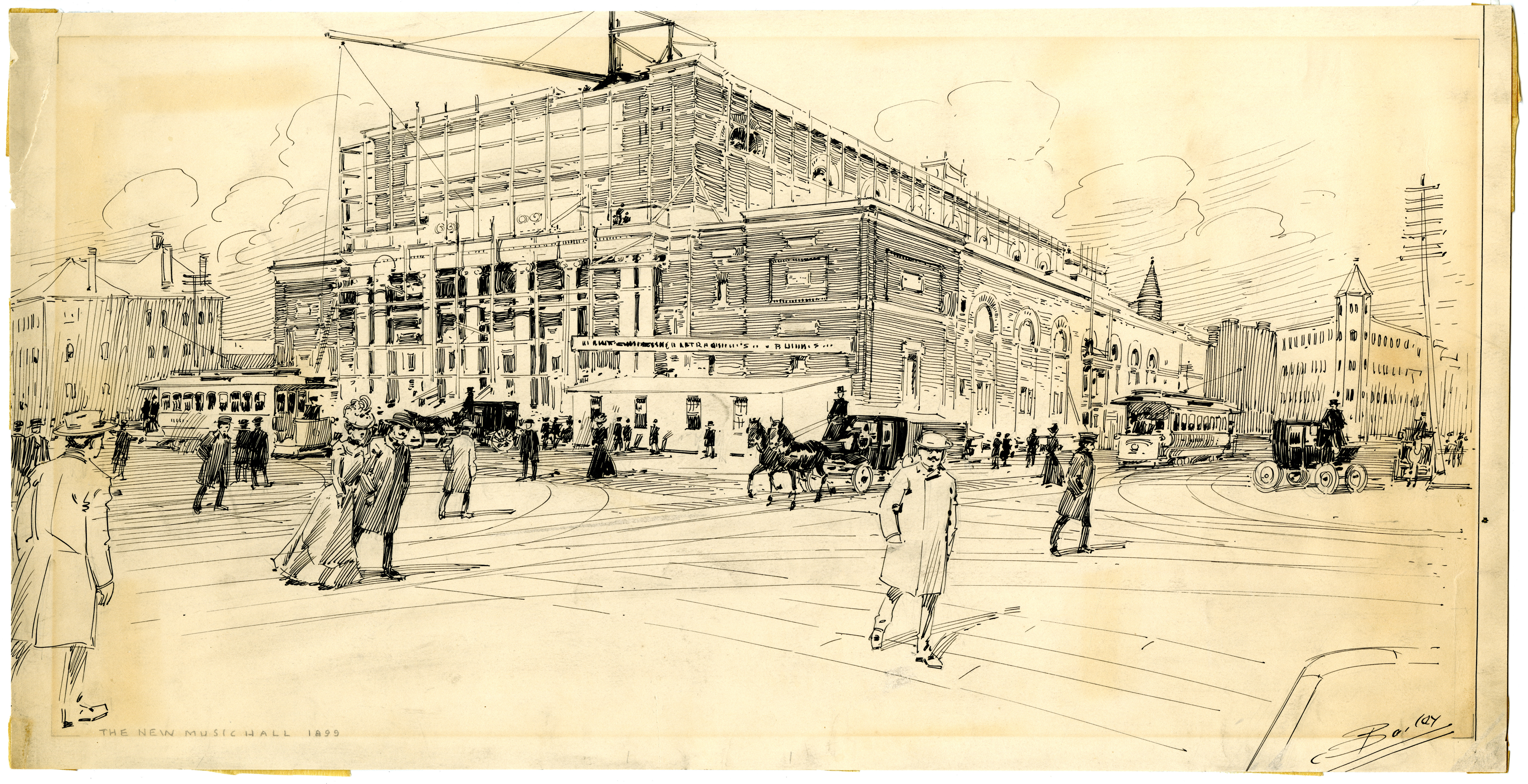 Sketch of Symphony Hall under construction, 1899