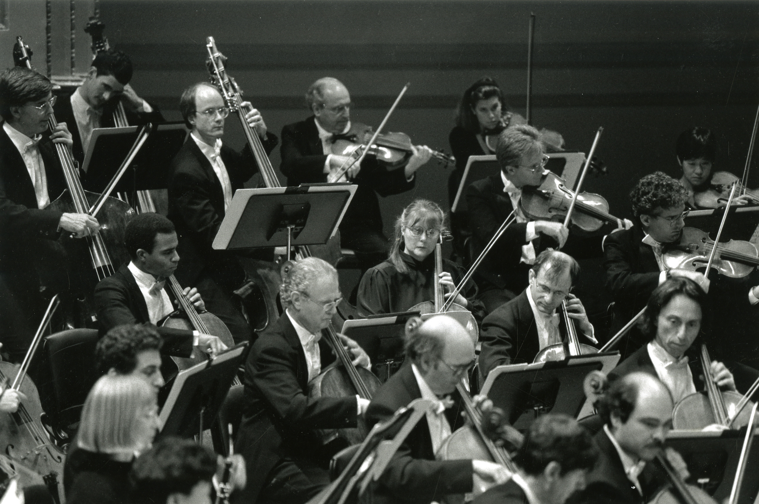 Part of the BSO bass, cello and viola sections on stage at Carnegie Hall, ca. 1995