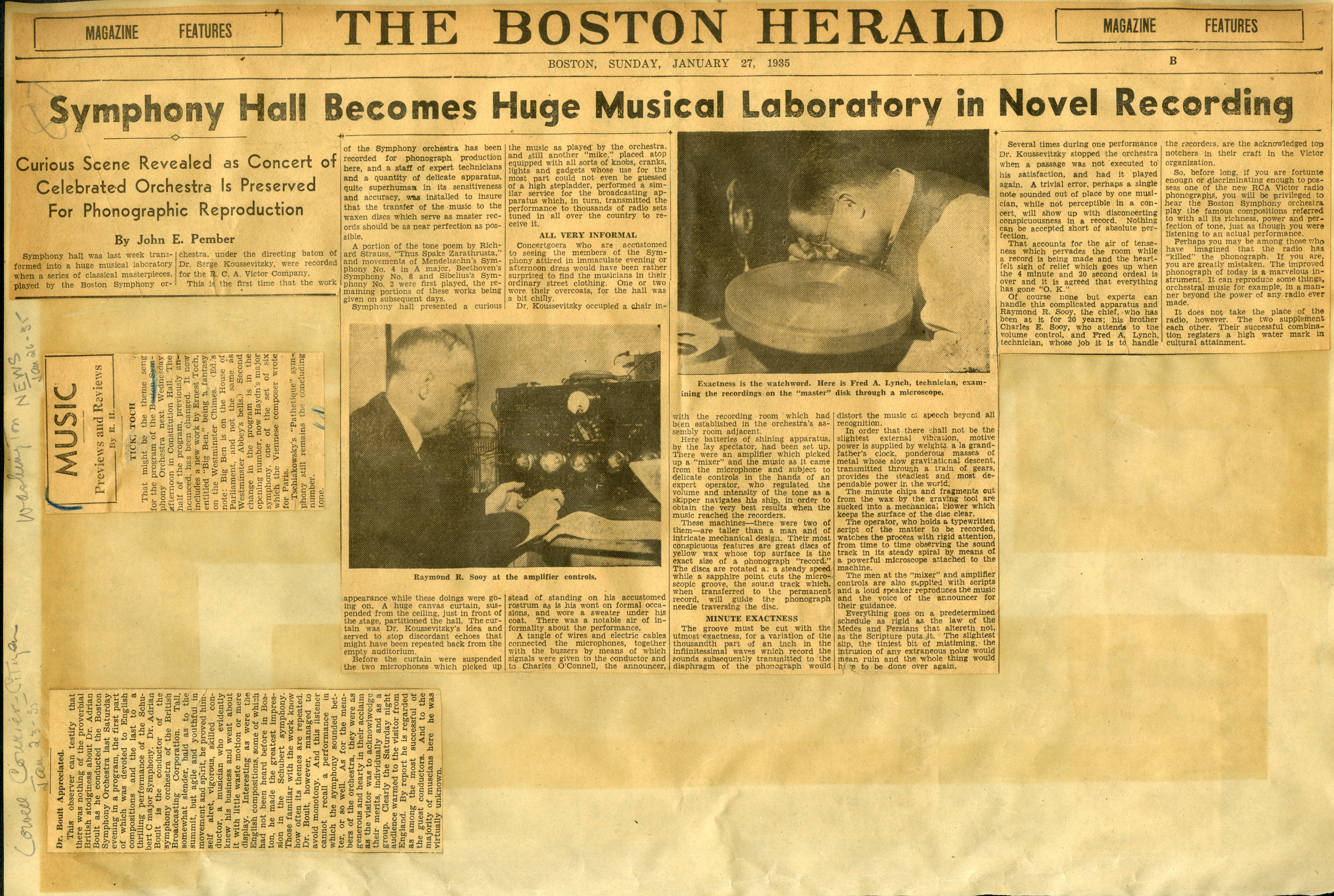 Scapbook page with newspaper clipping covering RCA Victor's recording of the BSO in Symphony Hall