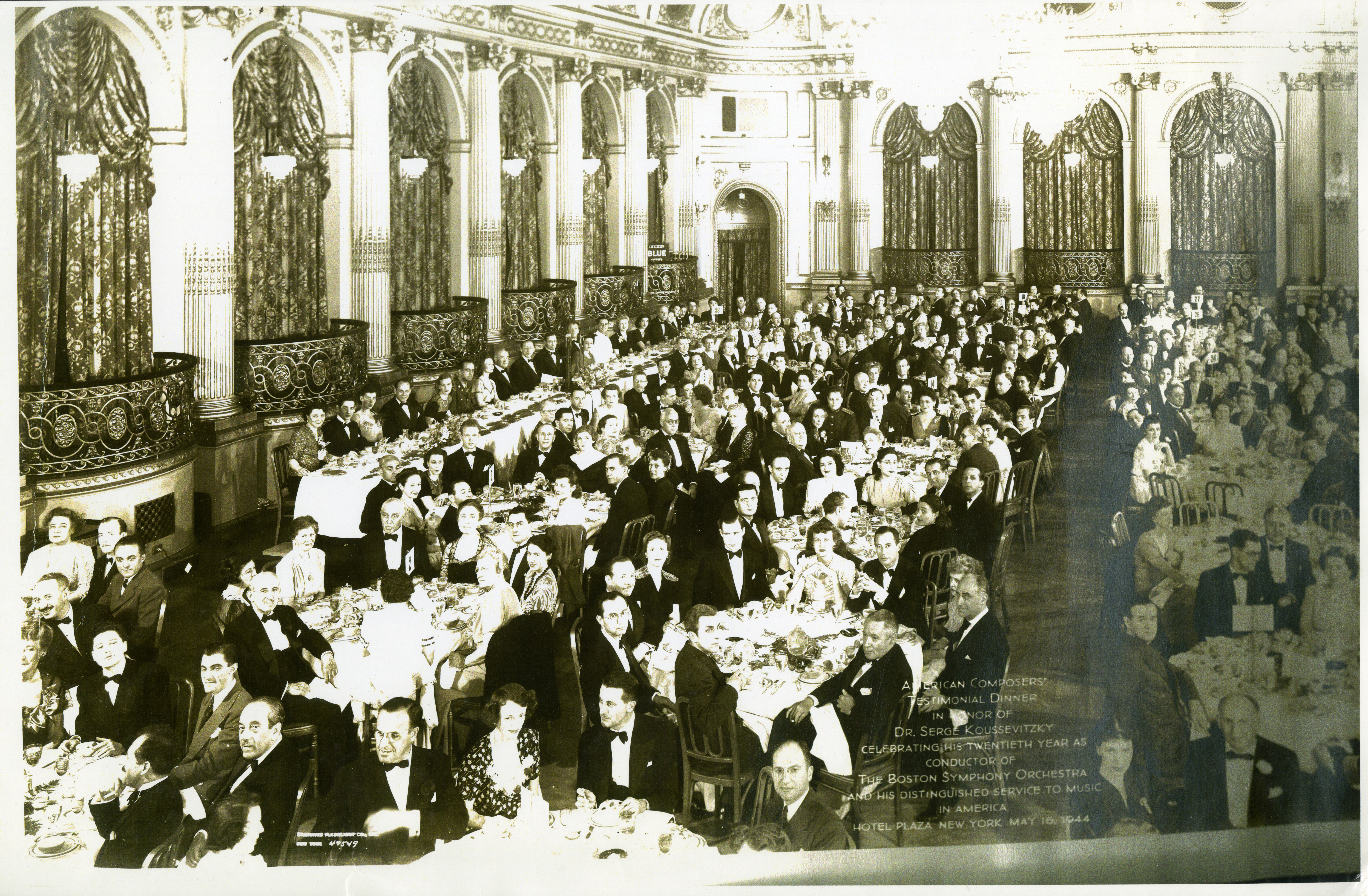 Honoree Serge Koussevitzky sits at the center of the head table during the American Composers’ Testimonial Dinner at The Plaza, New York City, May 16, 1944 