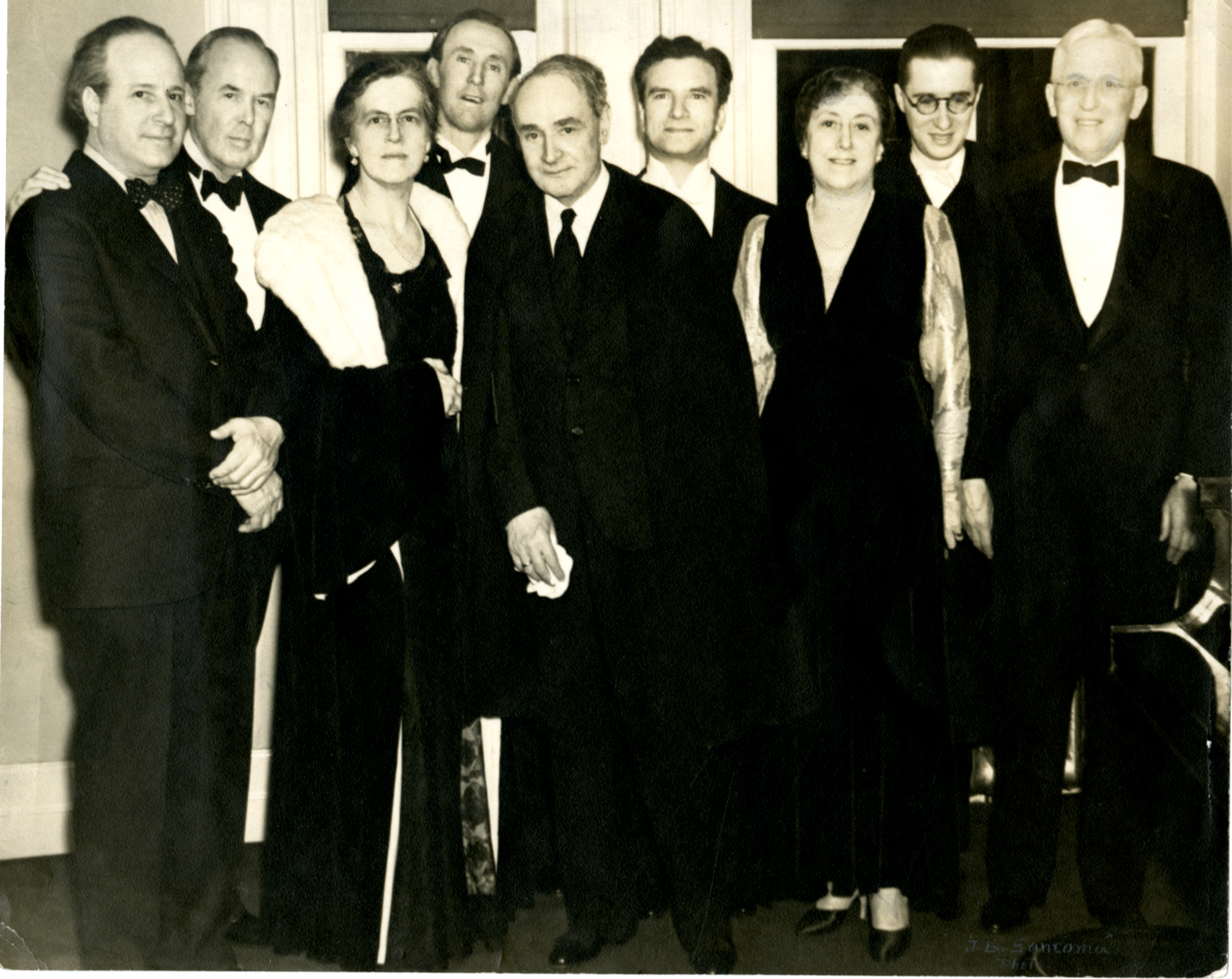  Koussevitzky poses with composers (mostly American) after a BSO performance of John Alden Carpenter’s Concerto for Violin, ﻿March 3, 1939 