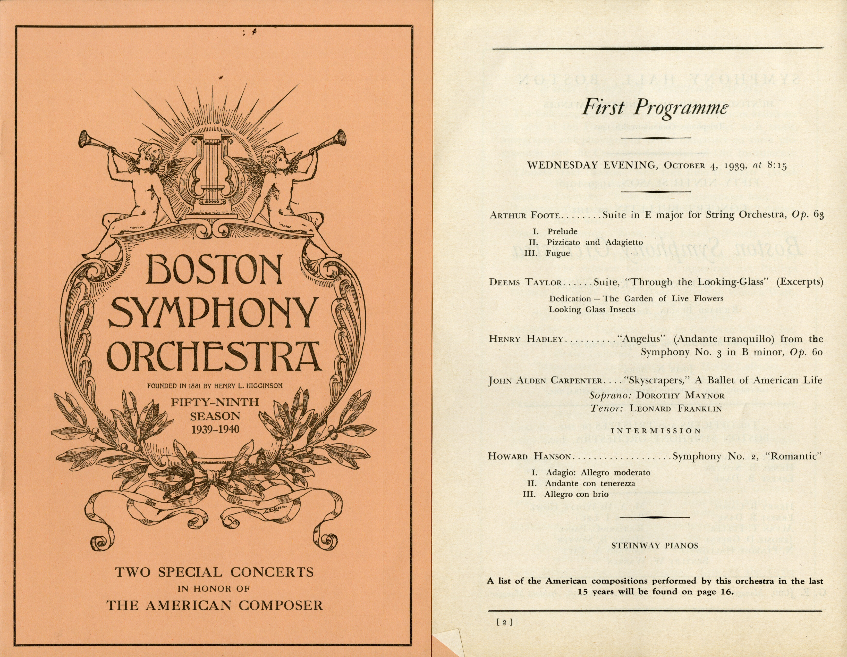 Program book cover and two program pages for the two-day festival celebrating music by American composers