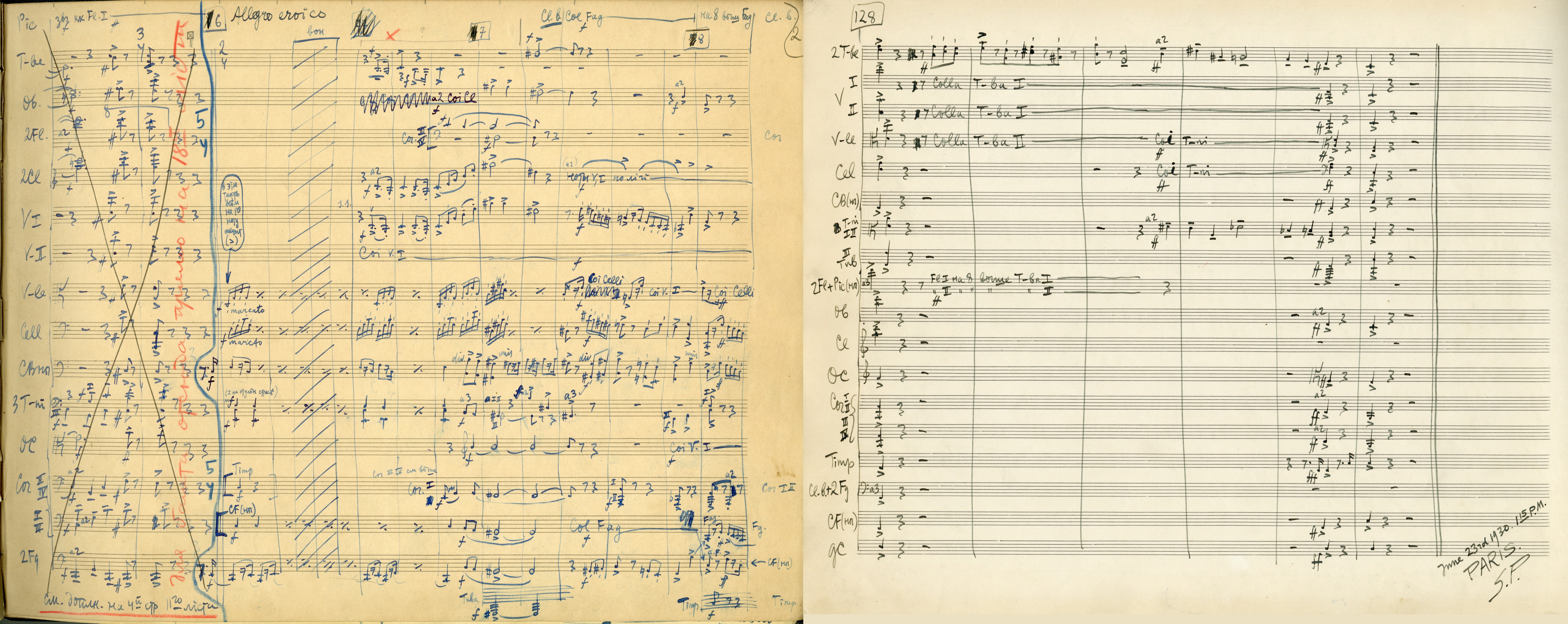 First and last page of draft manuscript for Prokofiev's Symphony No. 4