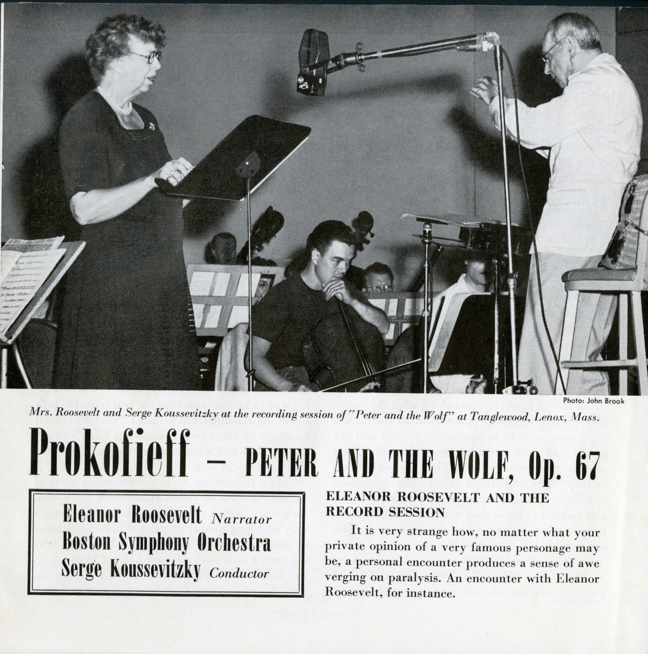 Eleanor Roosevelt stands at a music stand behind a microphone, while Serge Koussevitzky conducts the orchestra
