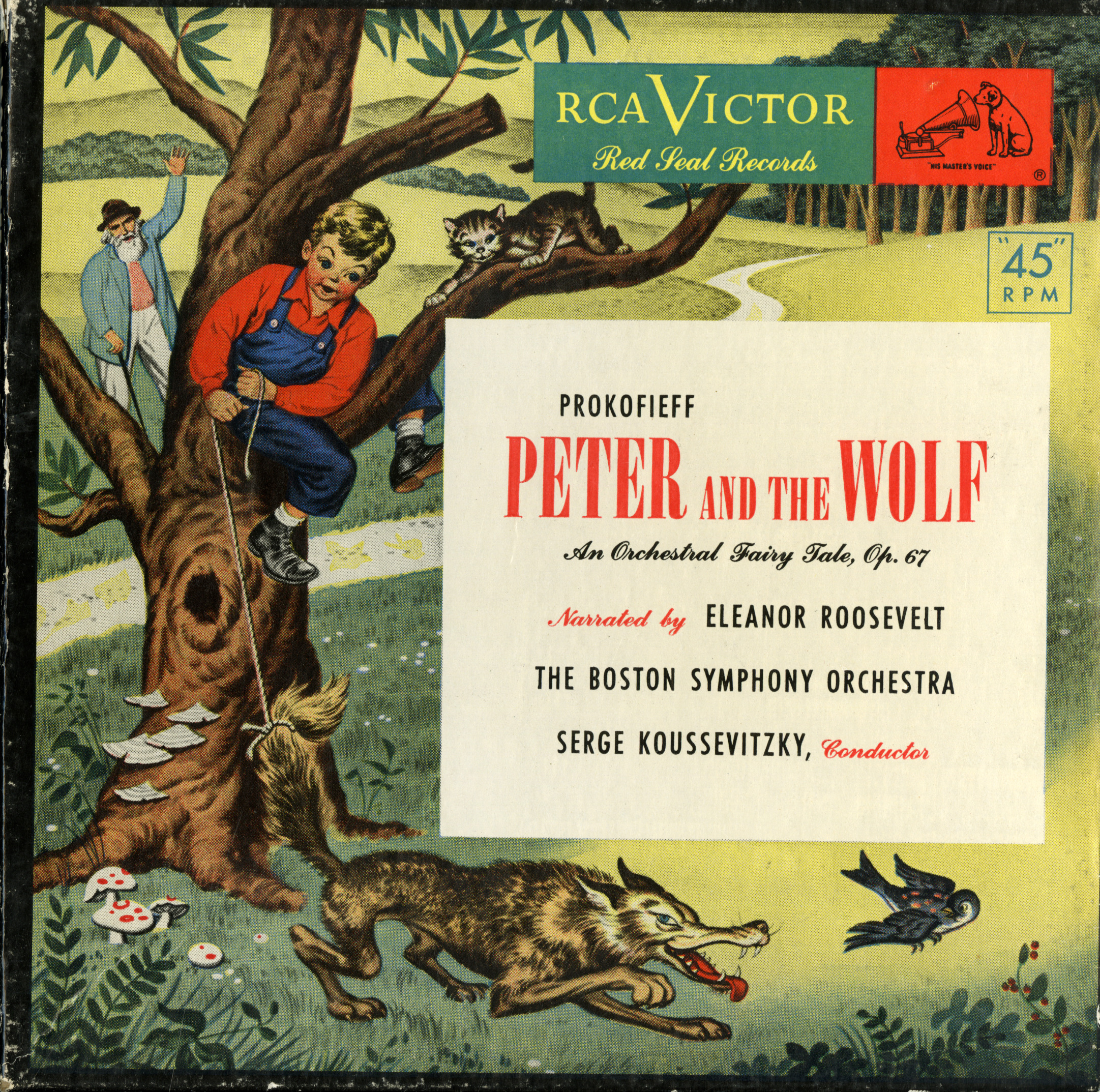 Album cover for RCA Victor's recording of Prokofiev's Peter and the Wolf, depicting a boy and cat in a tree, with a wolf chasing a bird.