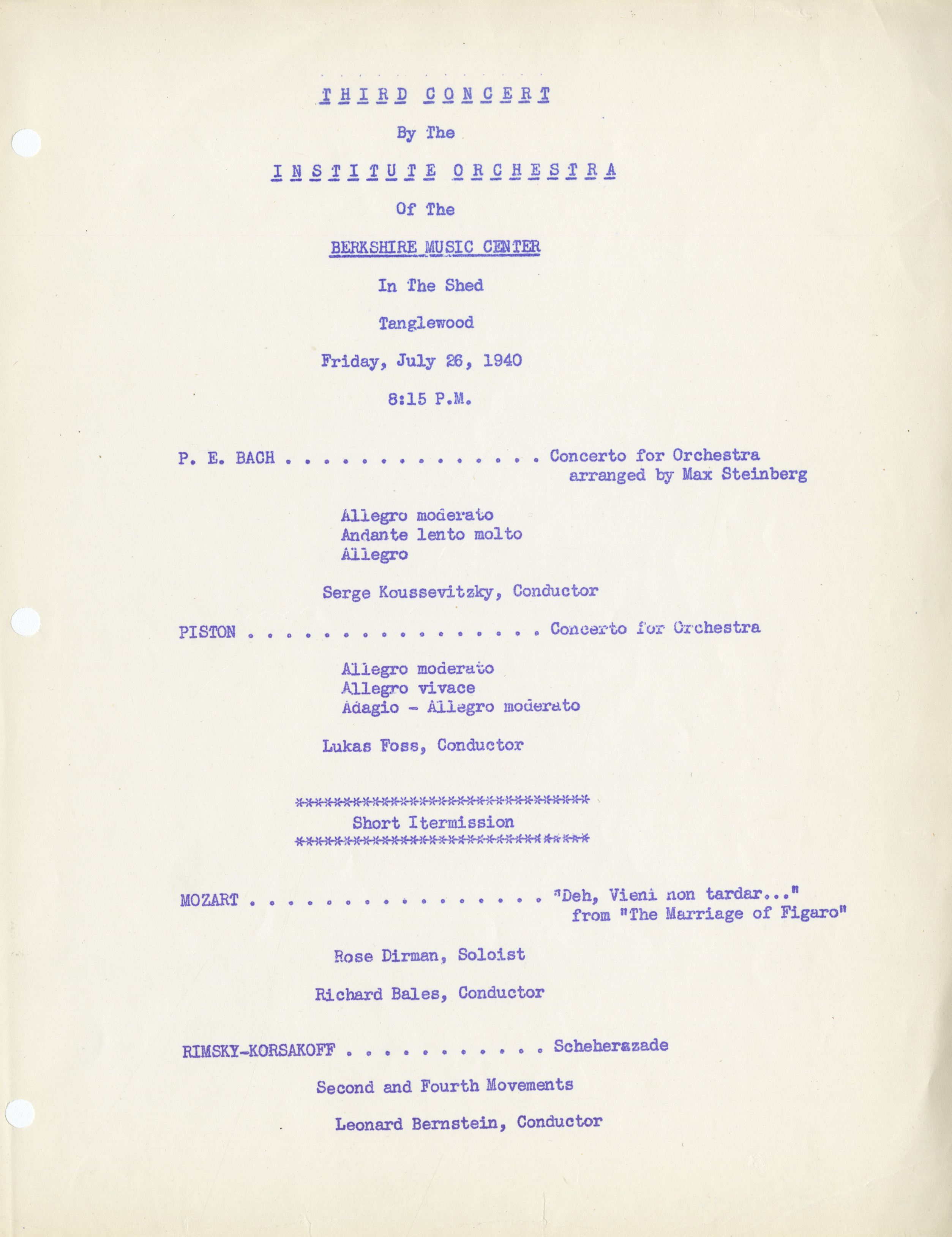 Program featuring Leonard Bernstein conducting excerpts from Rimsky-Korsakov's Scheherazade on July 26, 1940