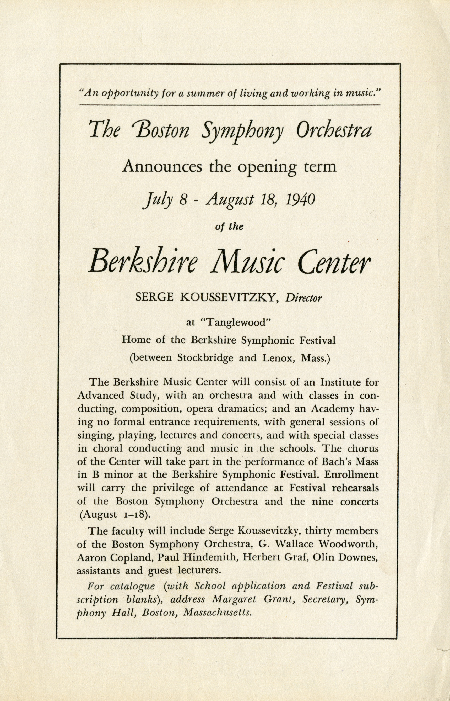 Brochure advertising the first term of the Berkshire Music Center in 1940