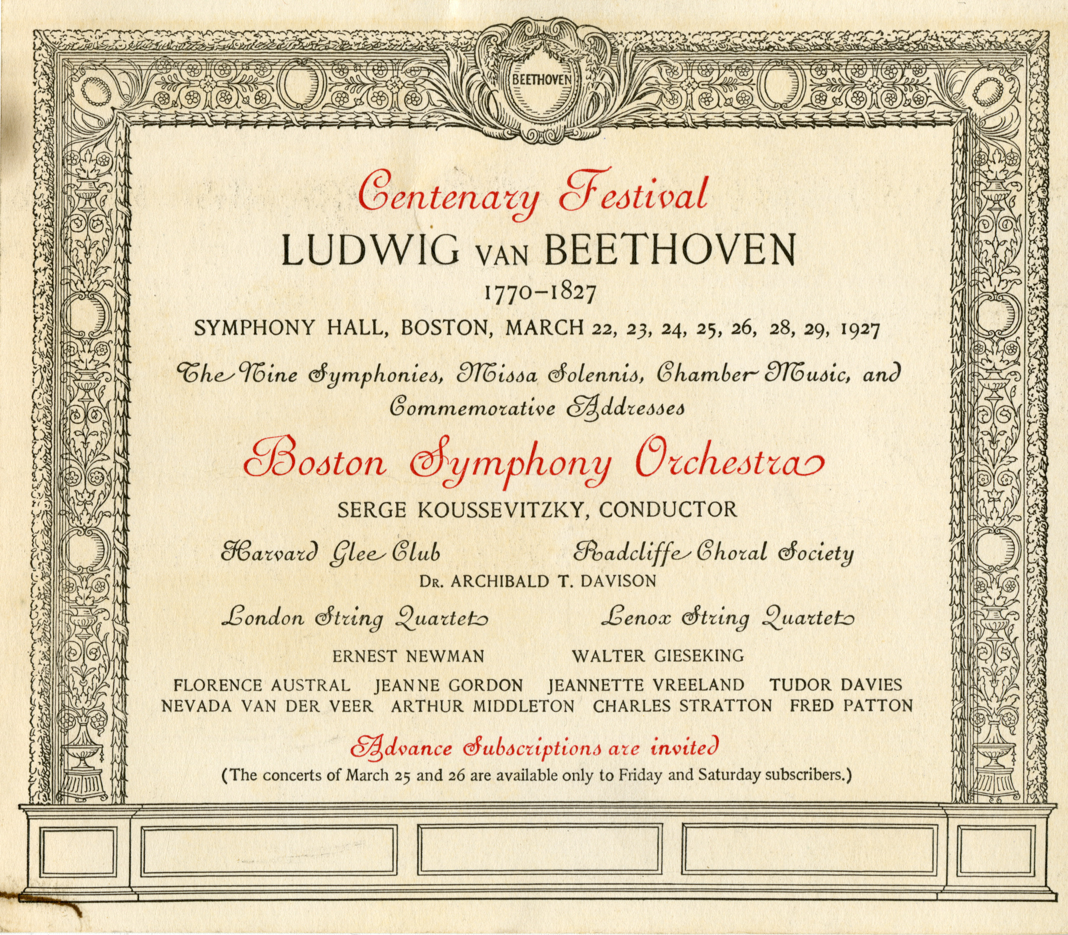 Invitation to purchase tickets to the events of the Beethoven Centenary Festival, with details of the proscenium and Beethoven medallion that frame Symphony Hall stage