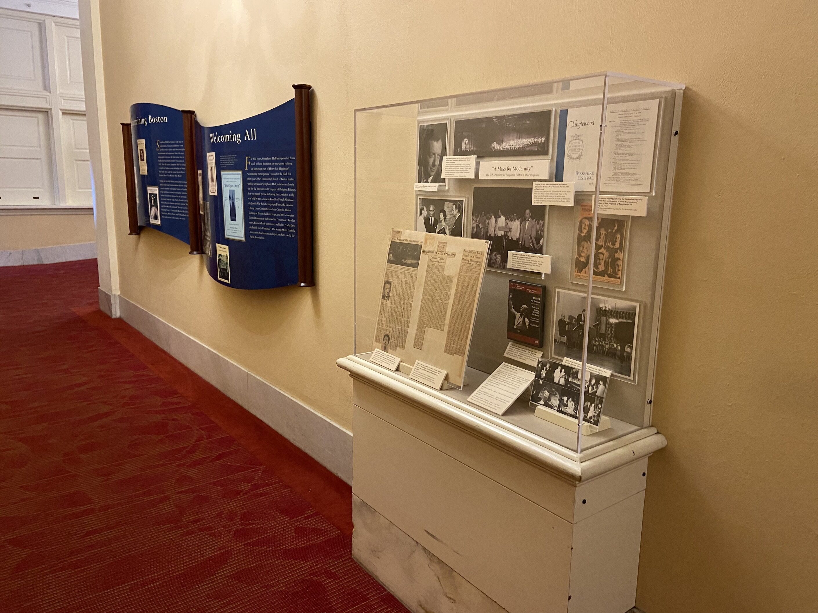 Symphony Hall hallways with archives exhibit in display case
