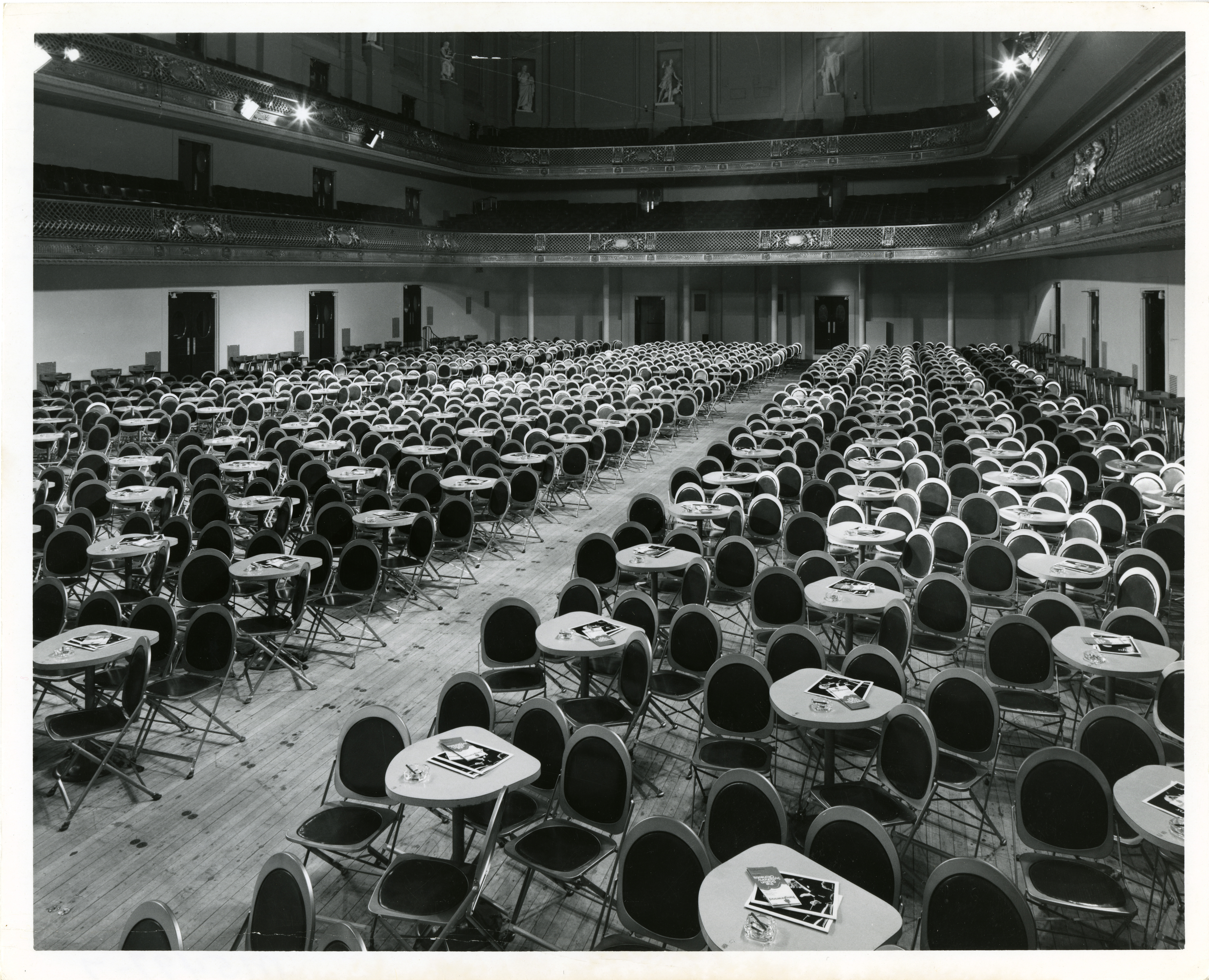 Seating arrangement for Boston Pops concert before audience arrives, with raked flooring removed