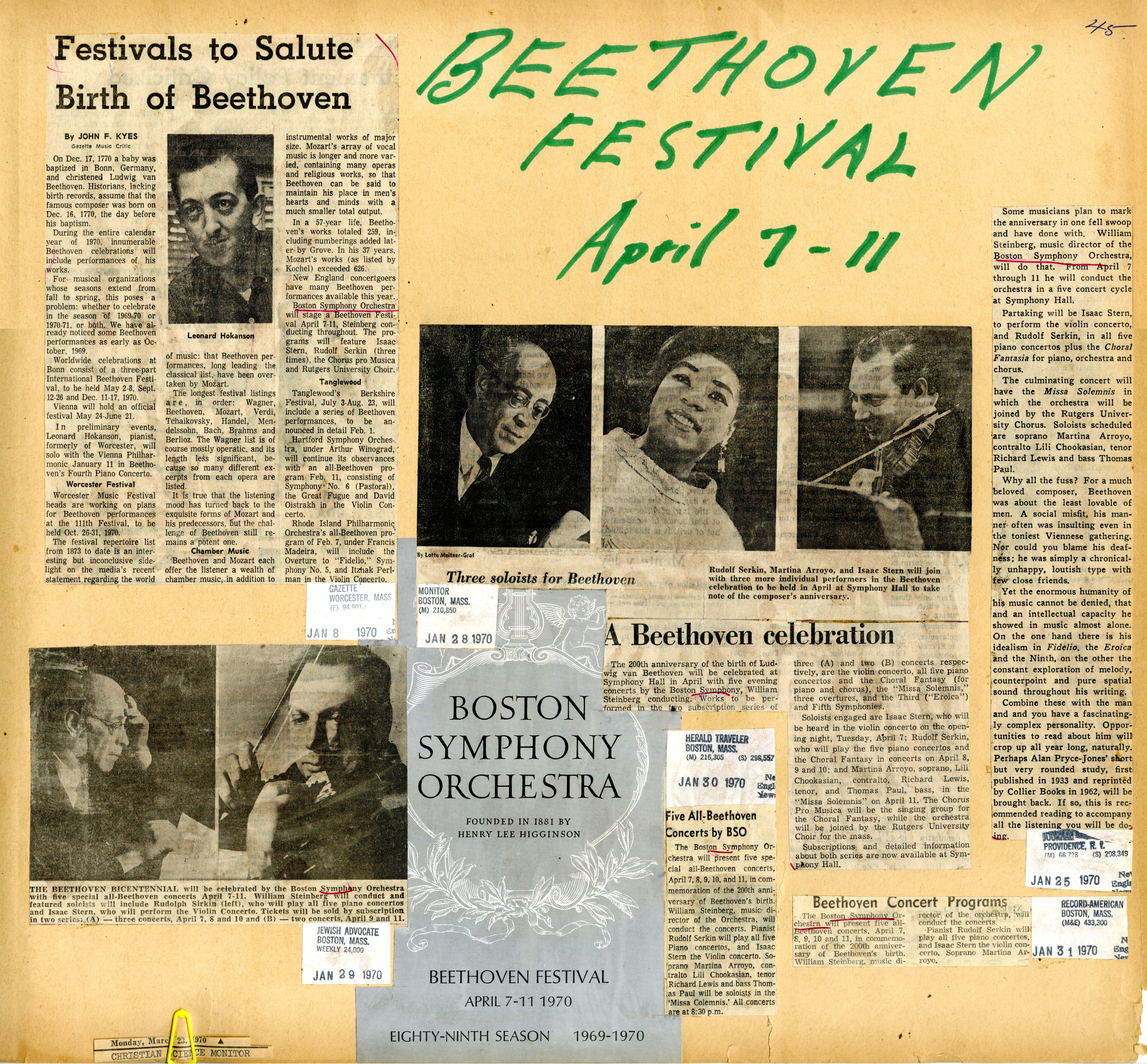 Scrapbook page containing several newspaper clippings about the BSO's 1970 Beethoven Festival