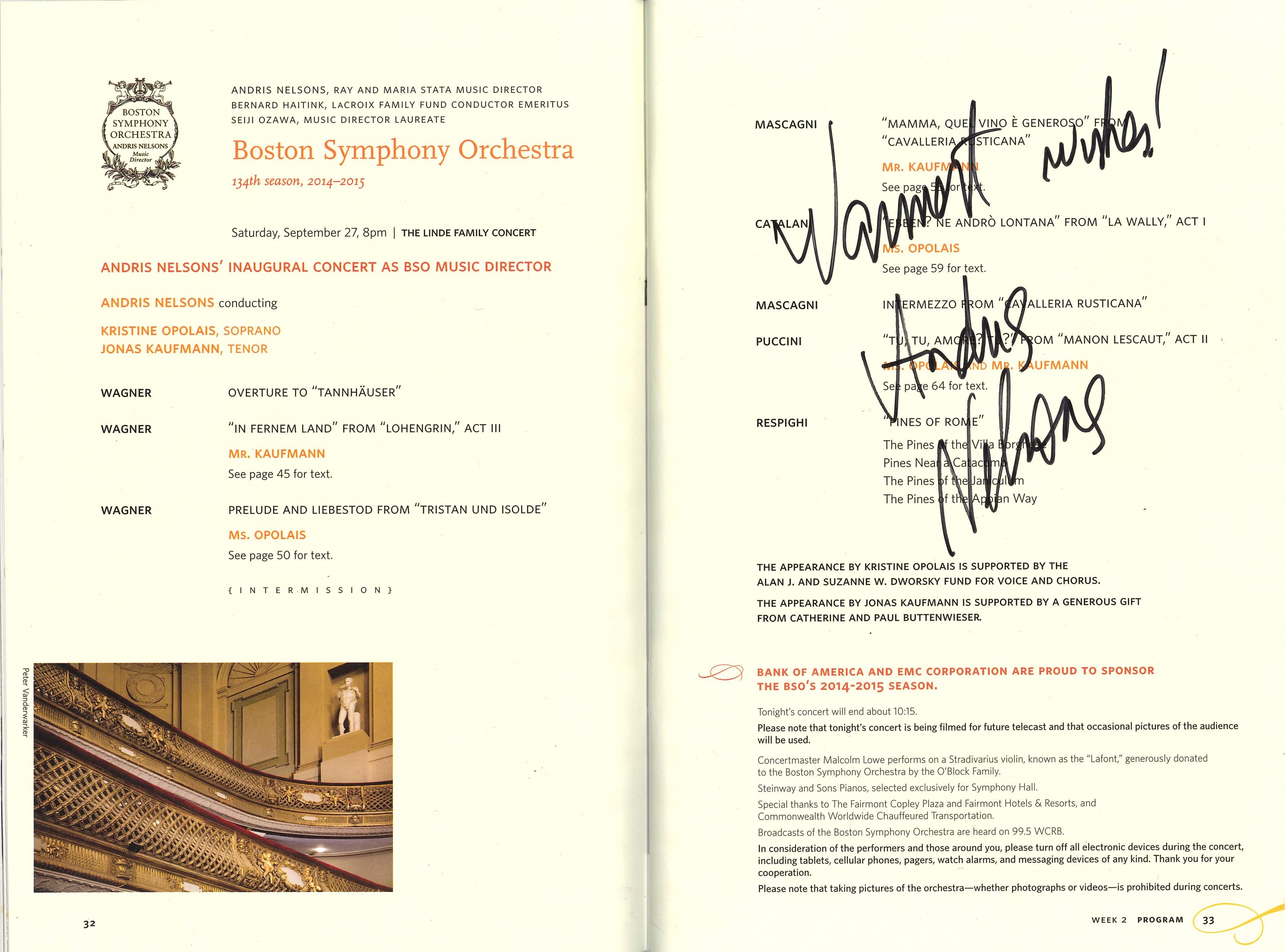 Program book dated September 27, 2014 (Andris Nelsons' first concert as BSO Music Director) and signed by Andris Nelsons
