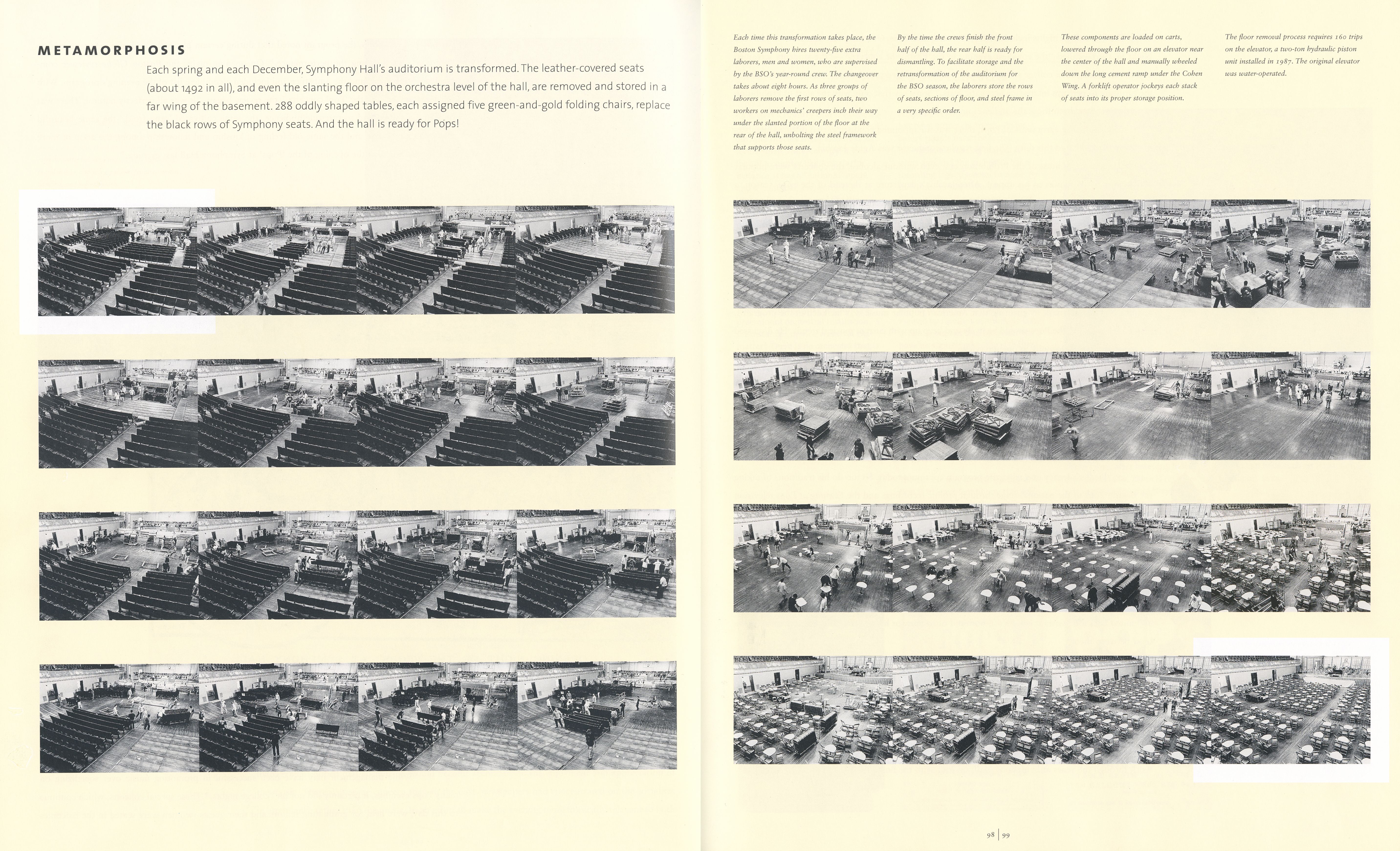 Two pages from the book Symphony Hall: The First Hundred Years which demonstrate the process of removing raked flooring