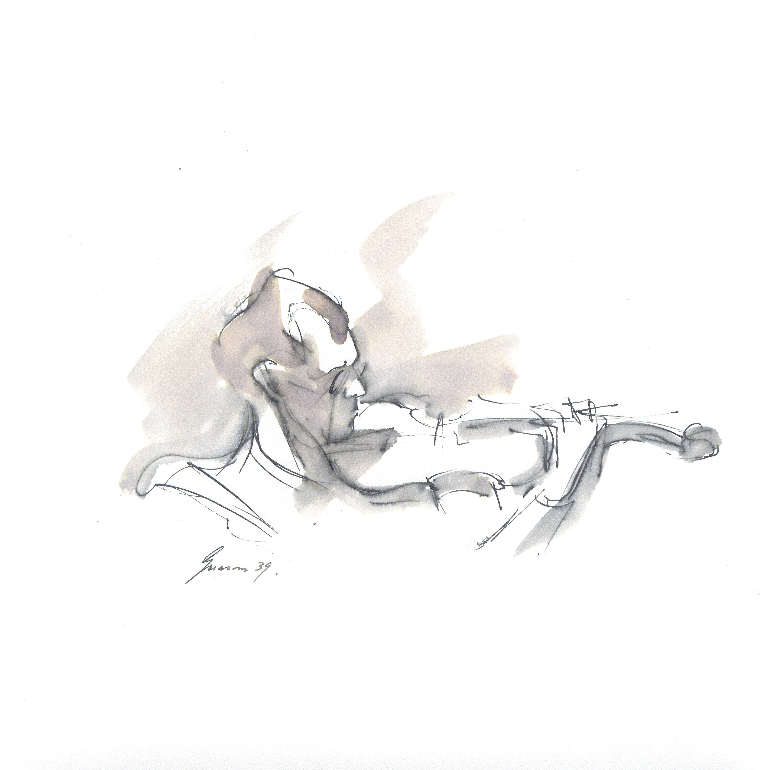 Black and white sketch of a violinist in profile