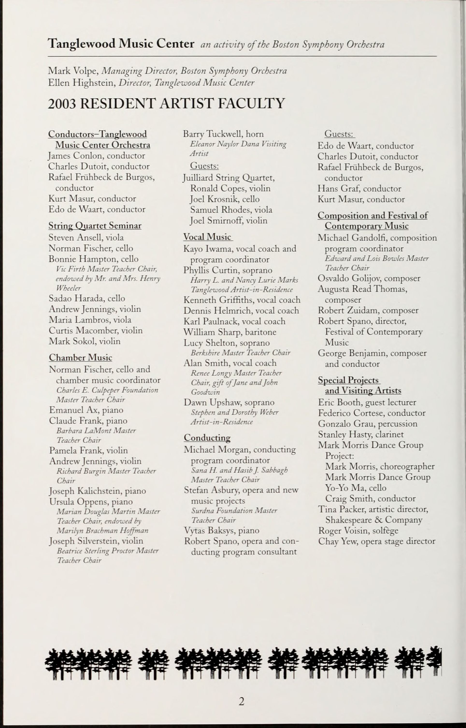 A listing of faculty from the 2003 Tanglewood Music Center, with Augusta Read Thomas included