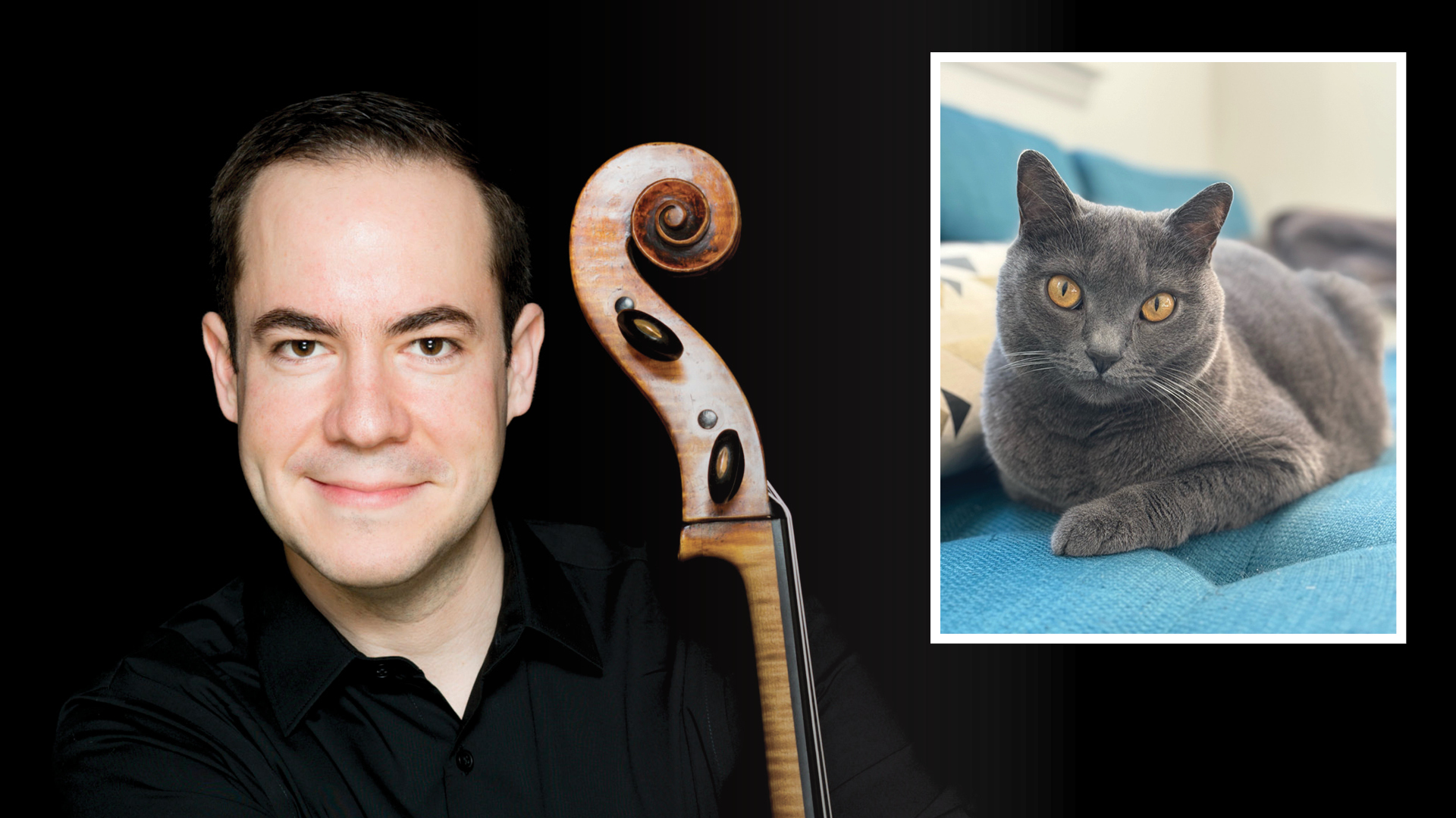 A headshot of Blaise Déjardin with an inset picture of a cat