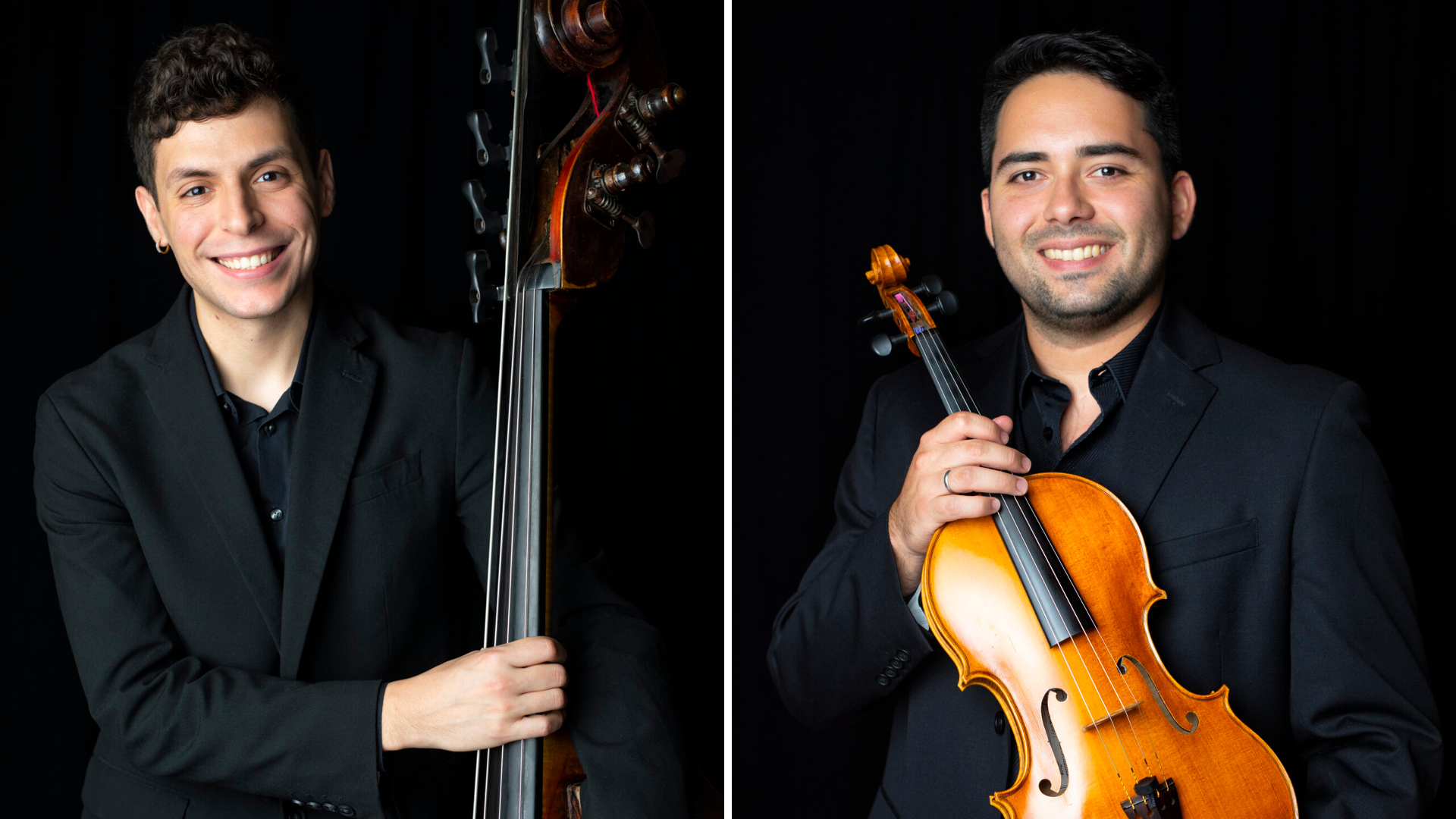 Andres Vela holding his bass (right) and Leo Vásquez Chacón hold his viola