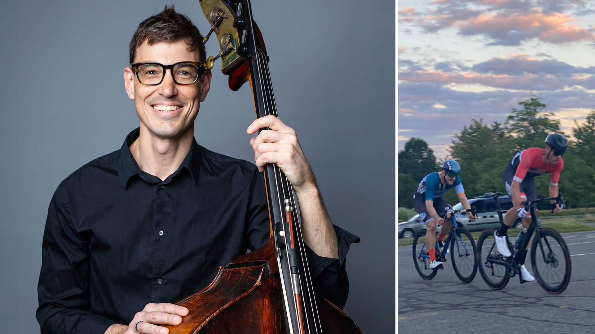 BSO bassist Tom Van Dyck, on the left with his bass, on the right in a red cycling jersey on a bike.