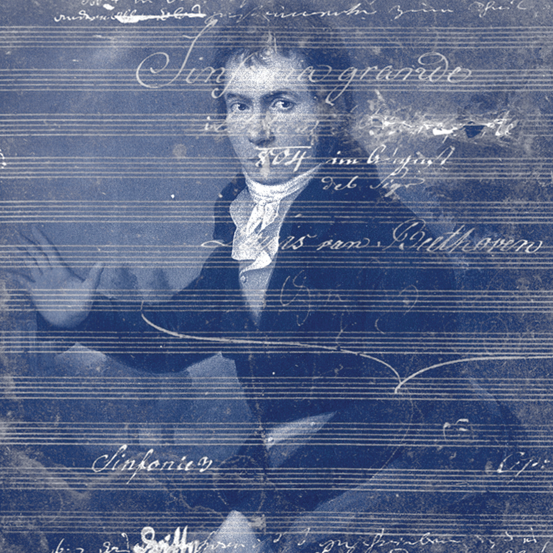 An image of Beethoven overlaid with a music score