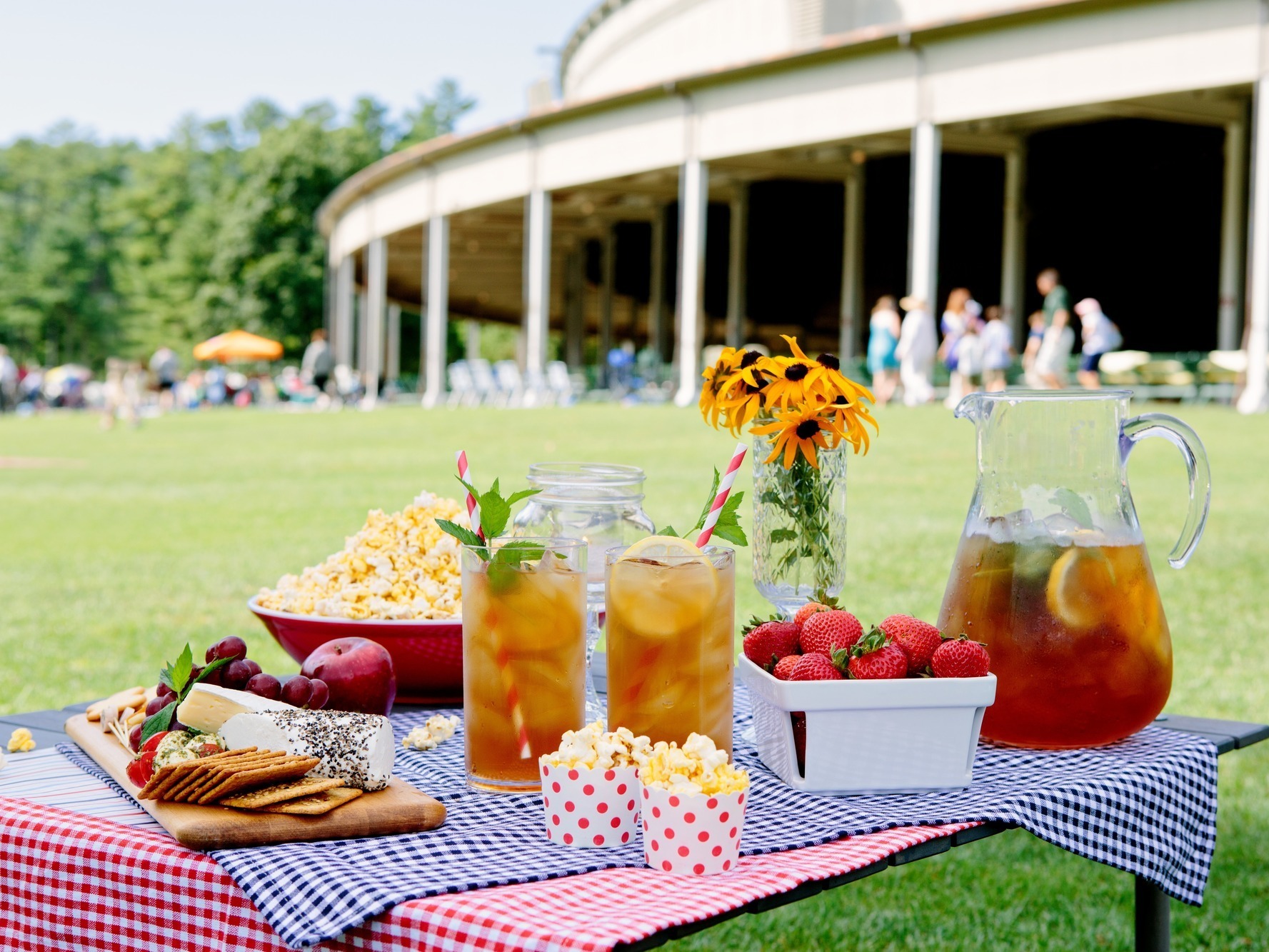 A colorful spread of food on a picnic table outside of the shed at Tanglewood