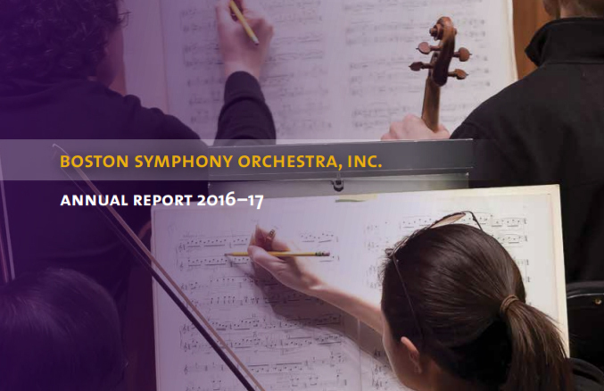 The words "Boston Symphony Orchestra, Inc. Annual Report 2016-17" are displayed on a photo of musicians writing notes on their sheet music