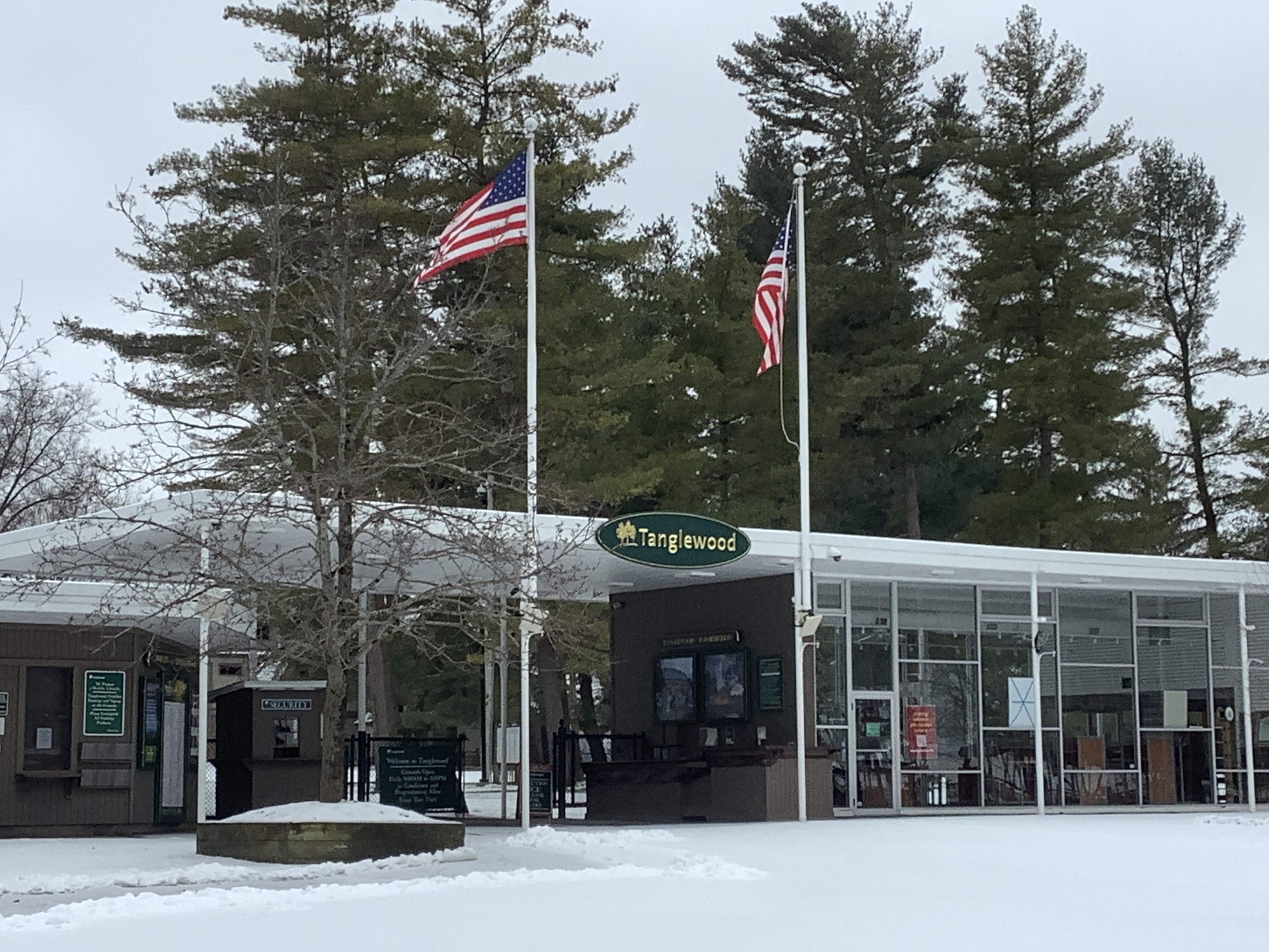 The main gate to Tanglewood, covered in a coating of snow.